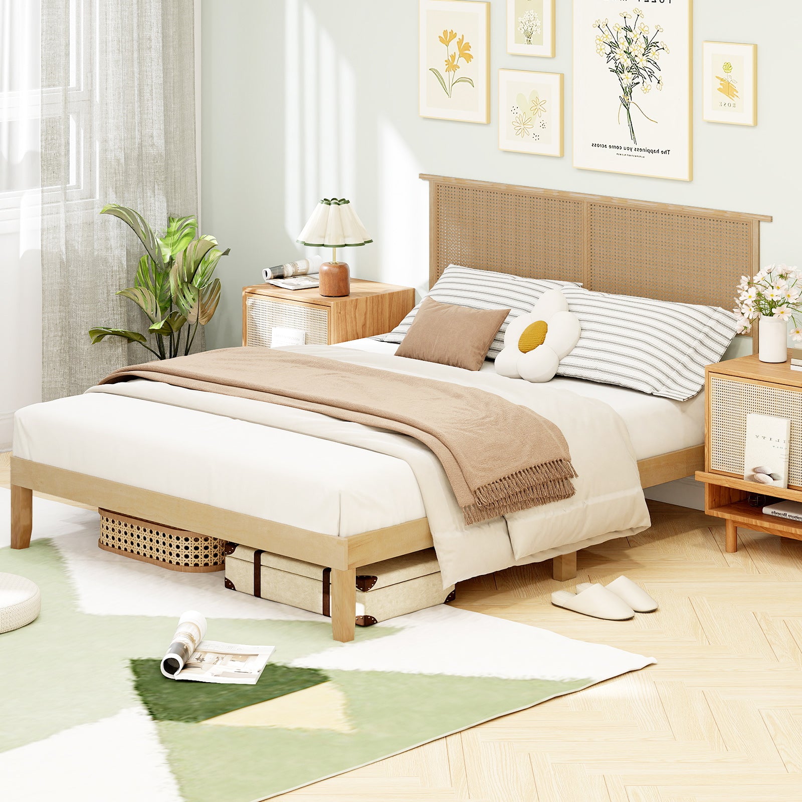Queen Size Bed Frame With Rattan Headboard, Natural Simple Bed Frame at Gallery Canada