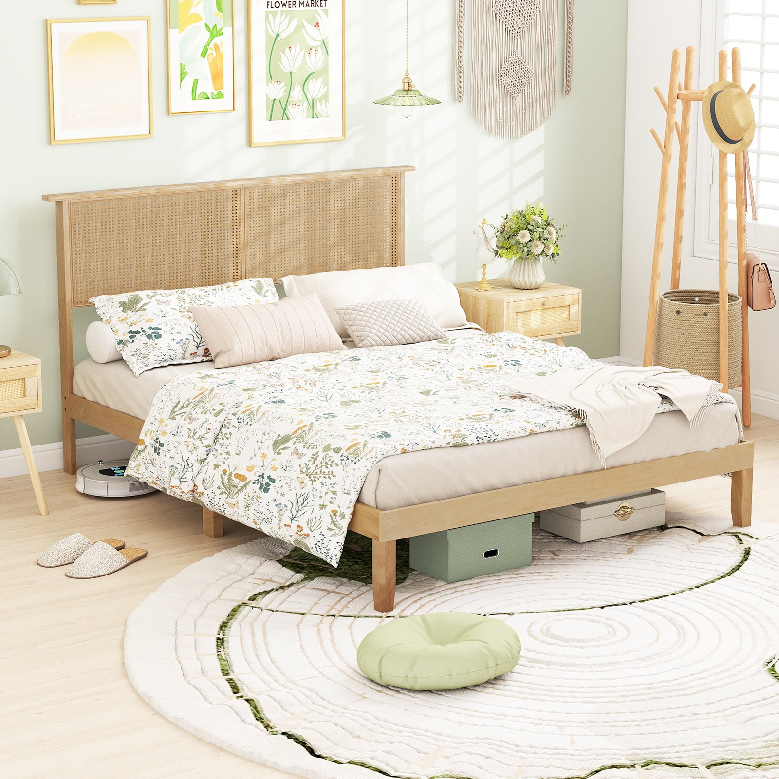 Queen Size Bed Frame With Rattan Headboard, Natural Simple Bed Frame at Gallery Canada
