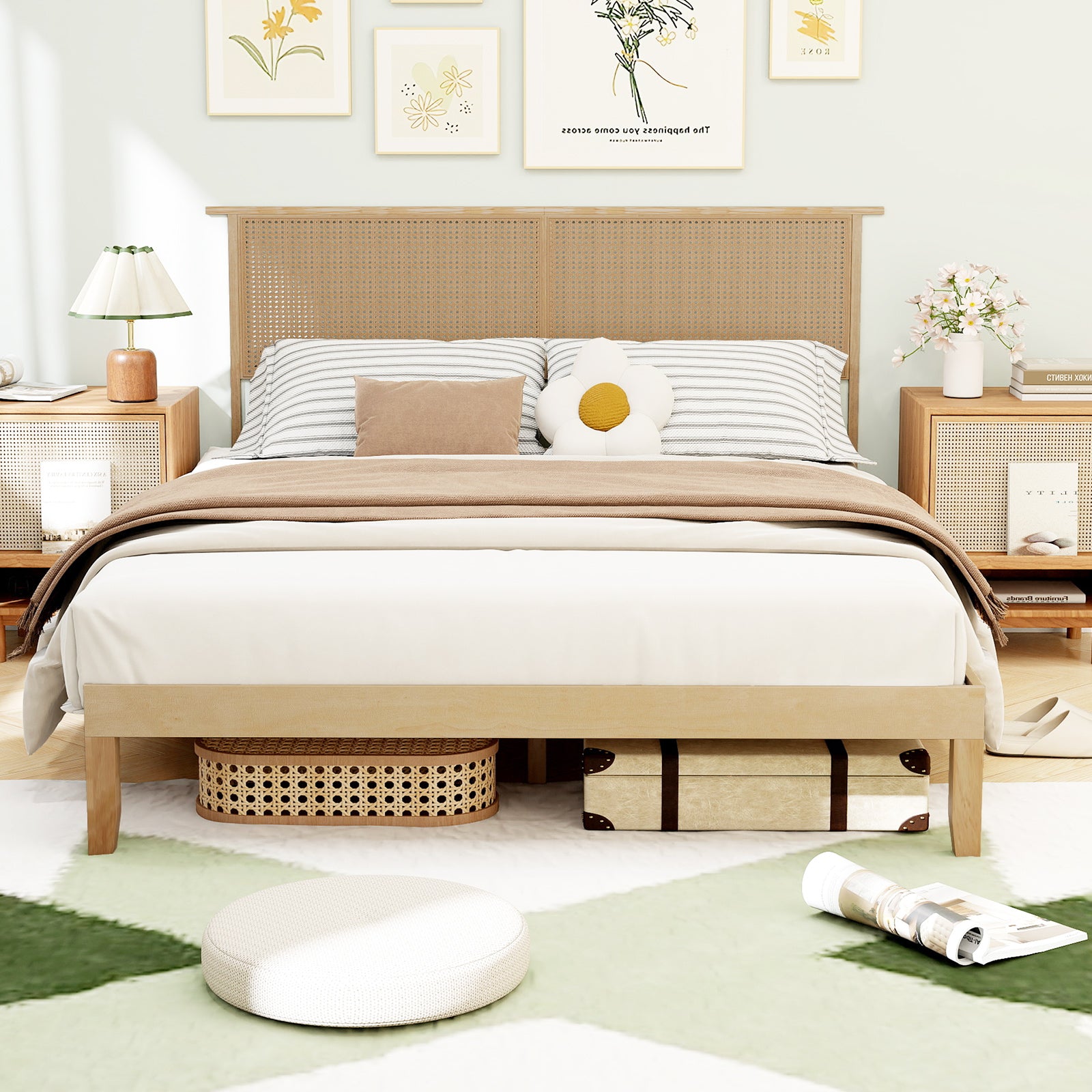 Queen Size Bed Frame With Rattan Headboard, Natural Simple Bed Frame at Gallery Canada
