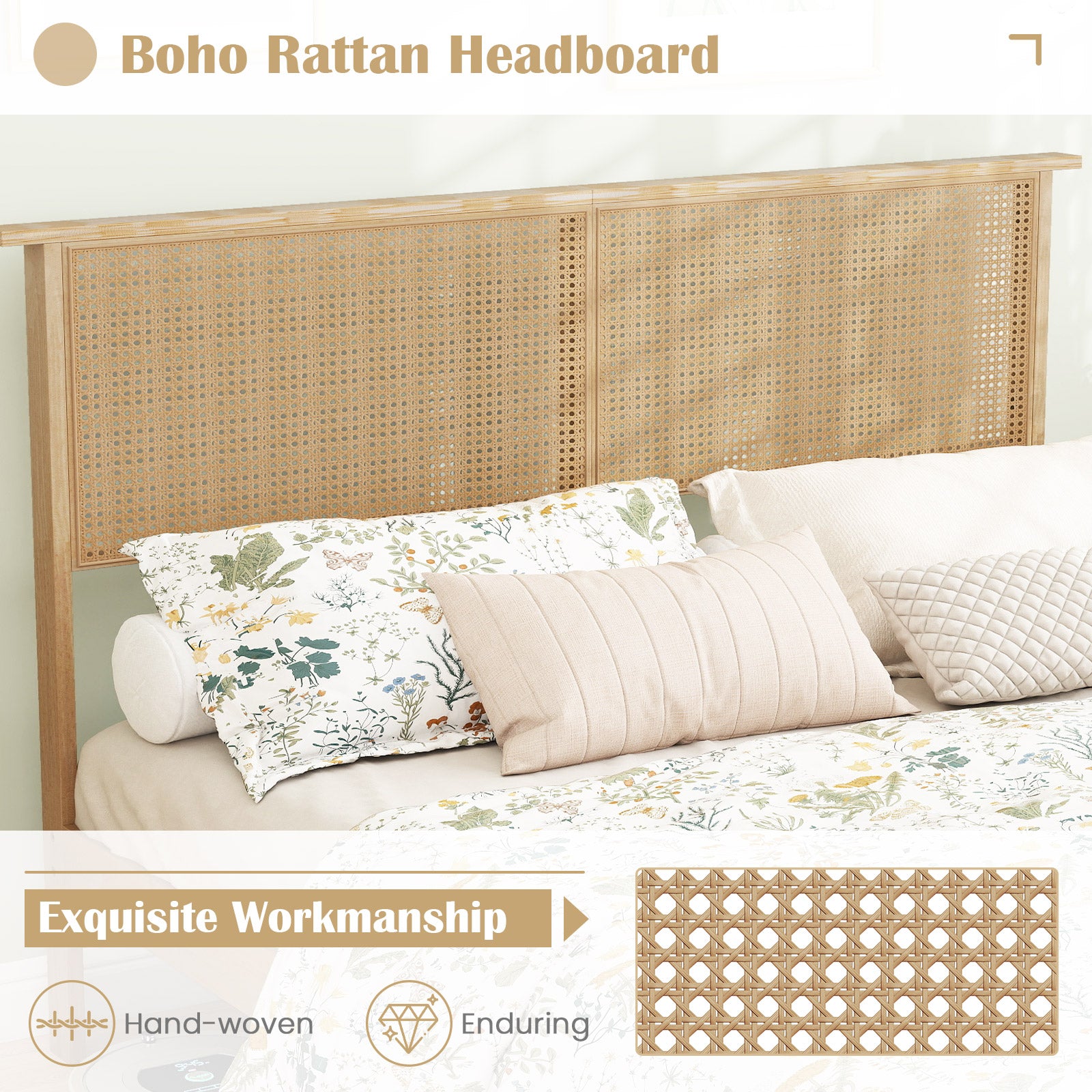 Queen Size Bed Frame With Rattan Headboard, Natural Simple Bed Frame at Gallery Canada