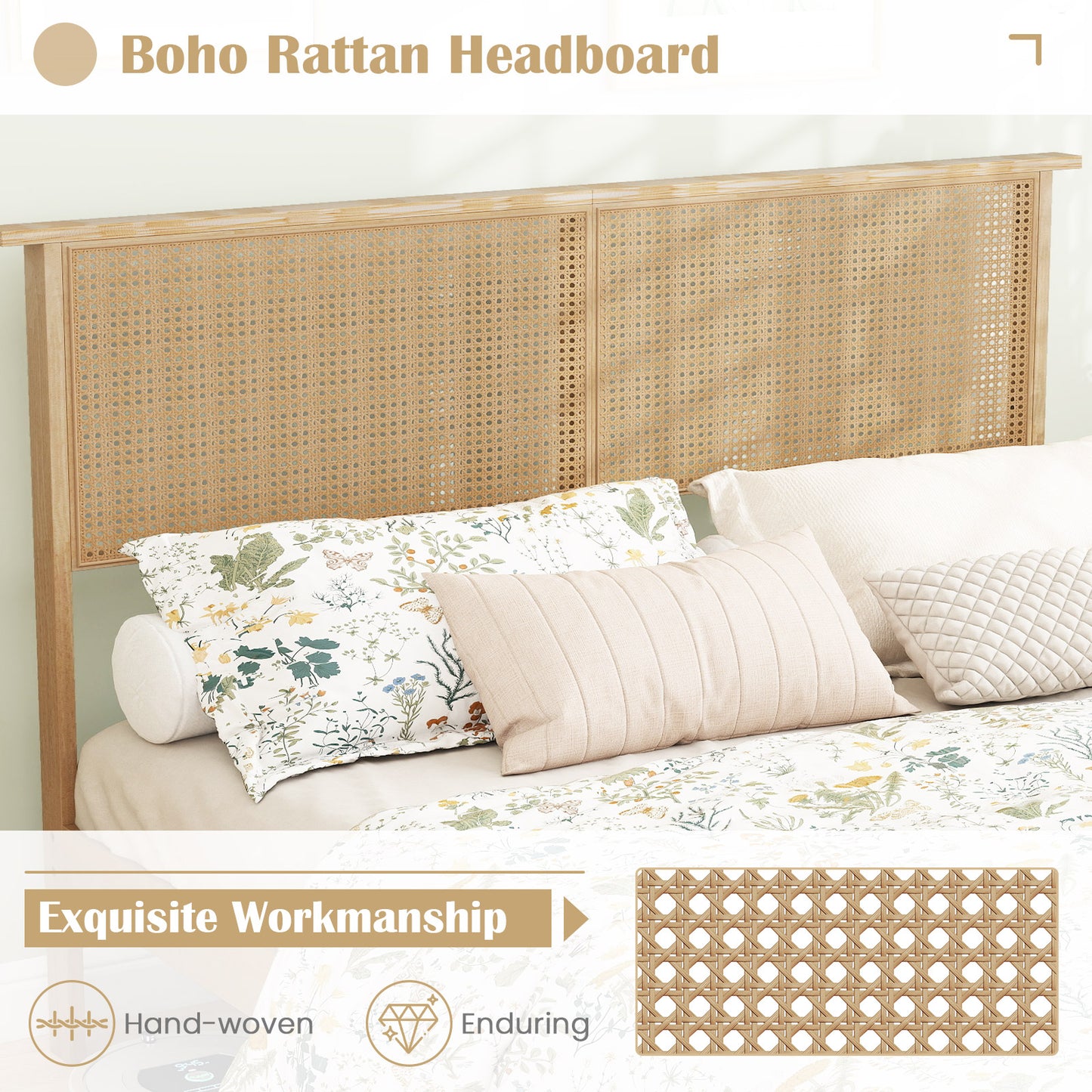 Queen Size Bed Frame With Rattan Headboard, Natural Simple Bed Frame at Gallery Canada