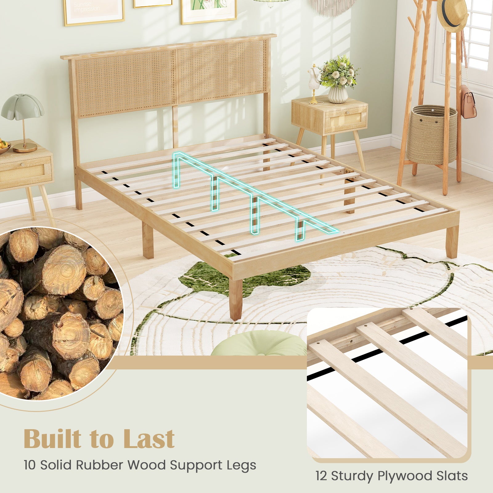 Queen Size Bed Frame With Rattan Headboard, Natural Simple Bed Frame at Gallery Canada