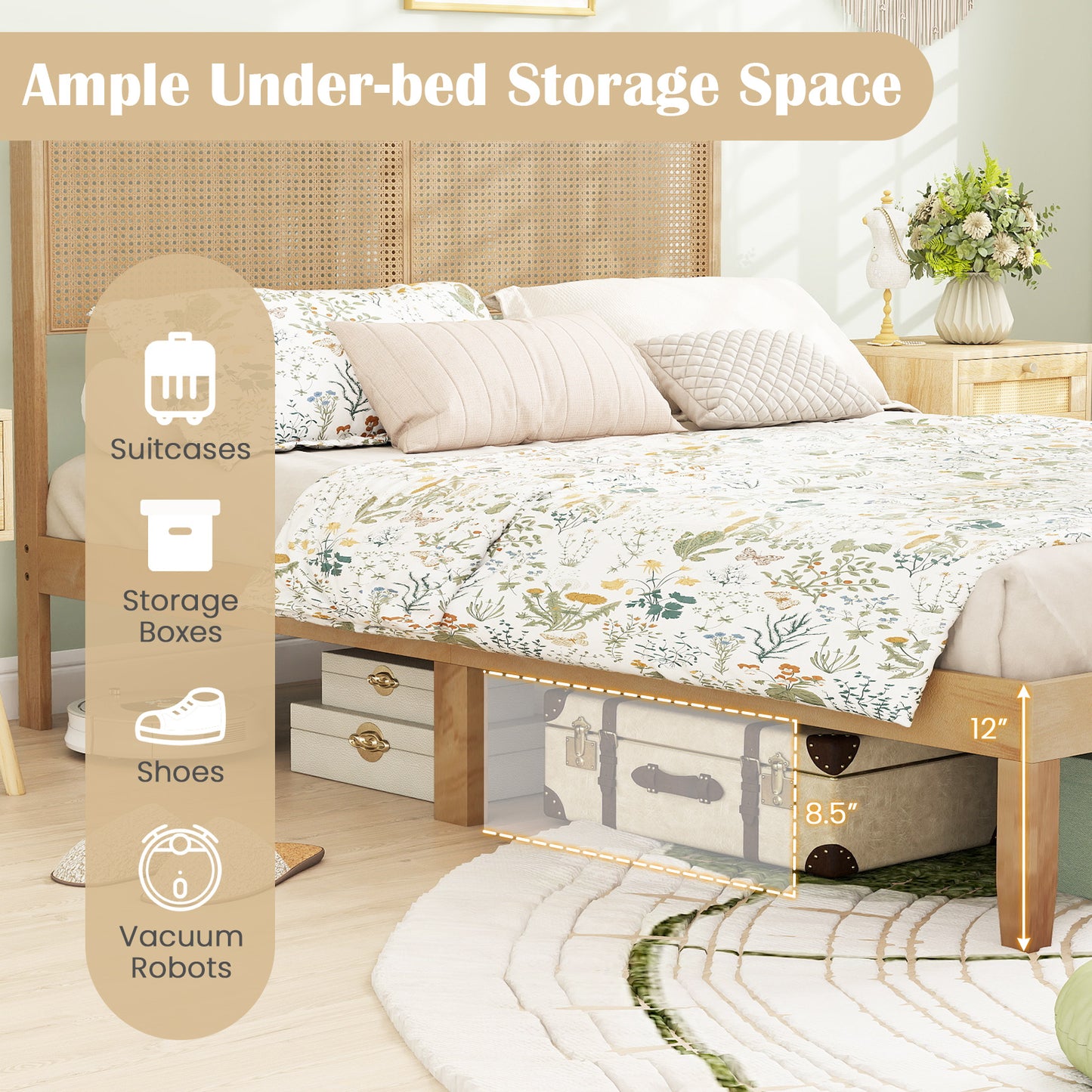 Queen Size Bed Frame With Rattan Headboard, Natural Simple Bed Frame at Gallery Canada