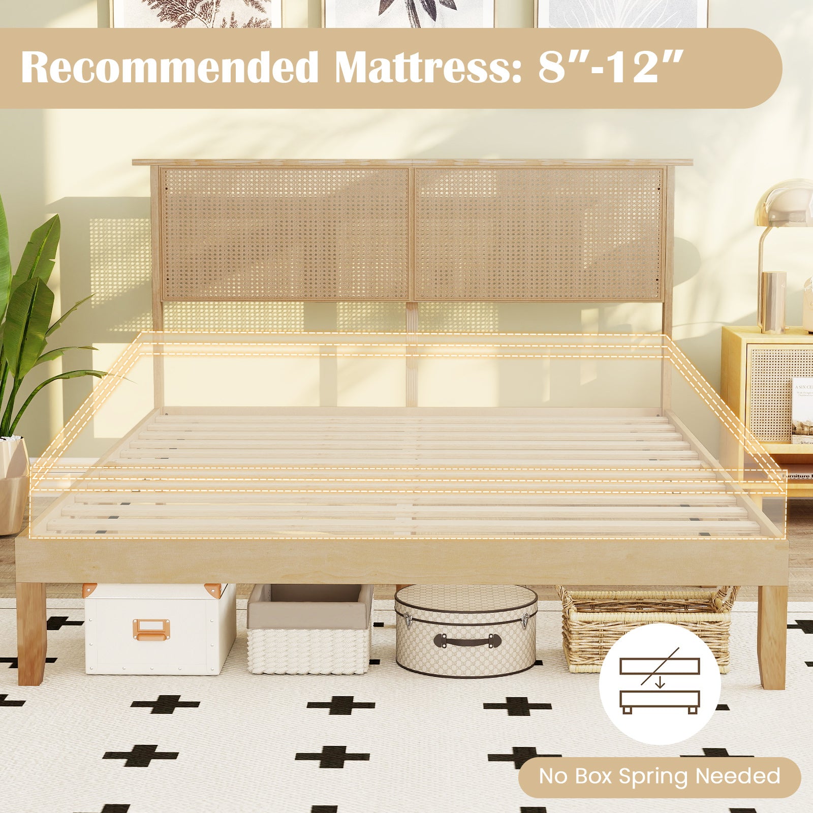 Queen Size Bed Frame With Rattan Headboard, Natural Simple Bed Frame at Gallery Canada