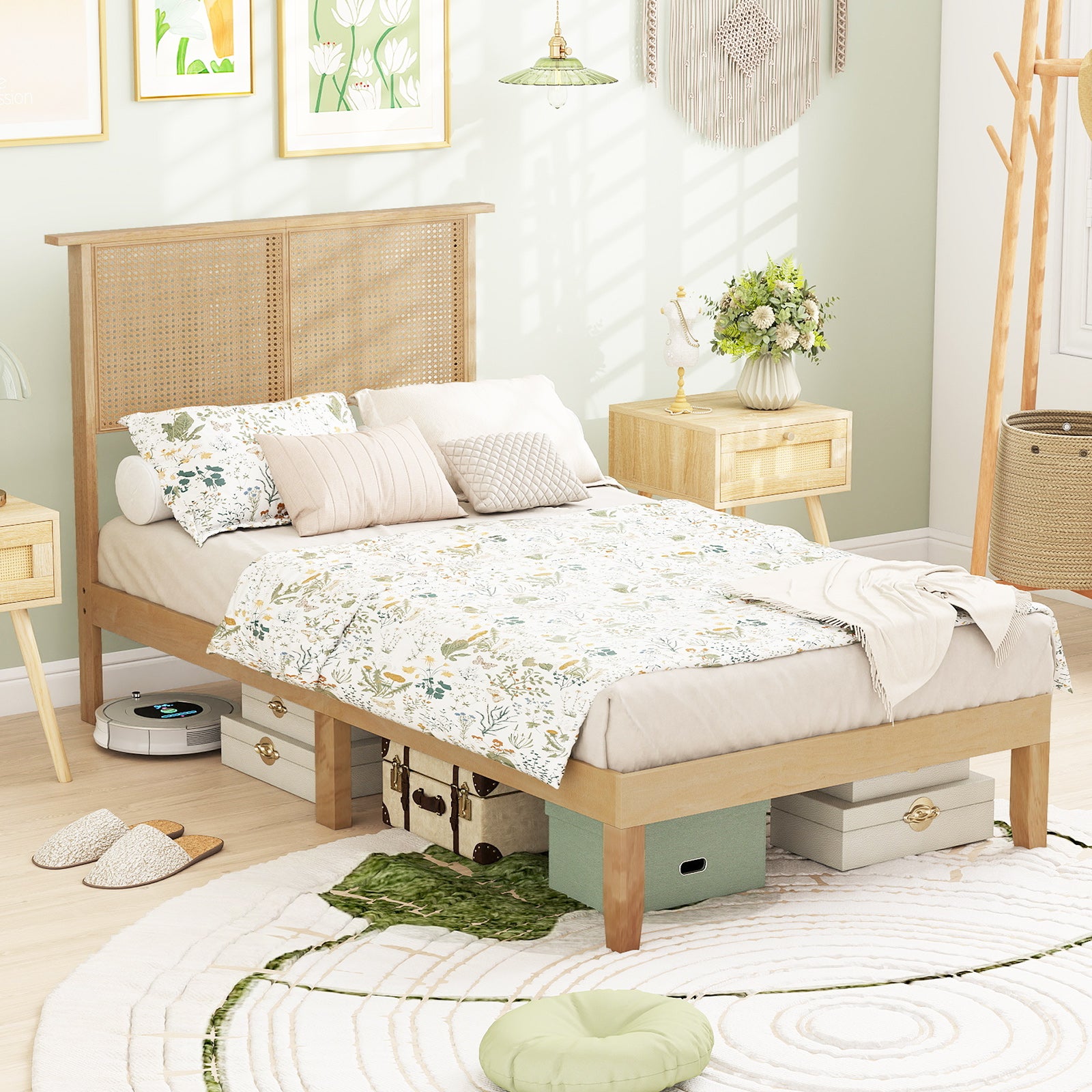 Twin Size Bed Frame With Rattan Headboard, Natural Simple Bed Frame at Gallery Canada