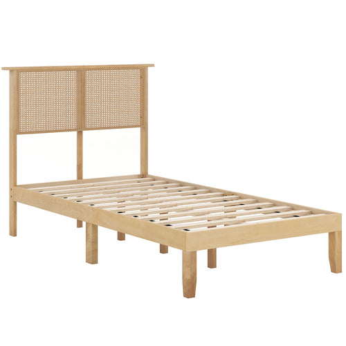 Twin Size Bed Frame With Rattan Headboard, Natural