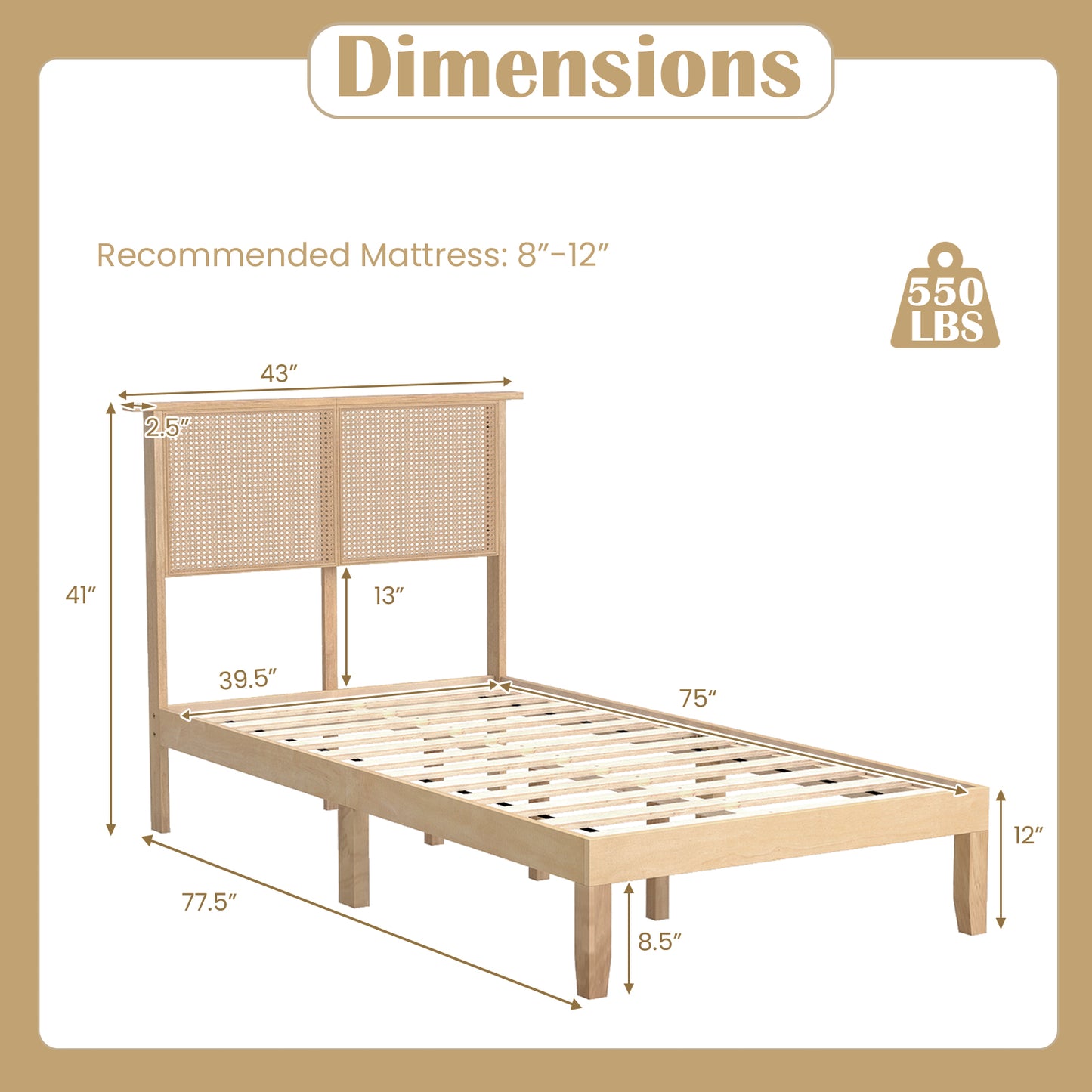 Twin Size Bed Frame With Rattan Headboard, Natural Simple Bed Frame at Gallery Canada