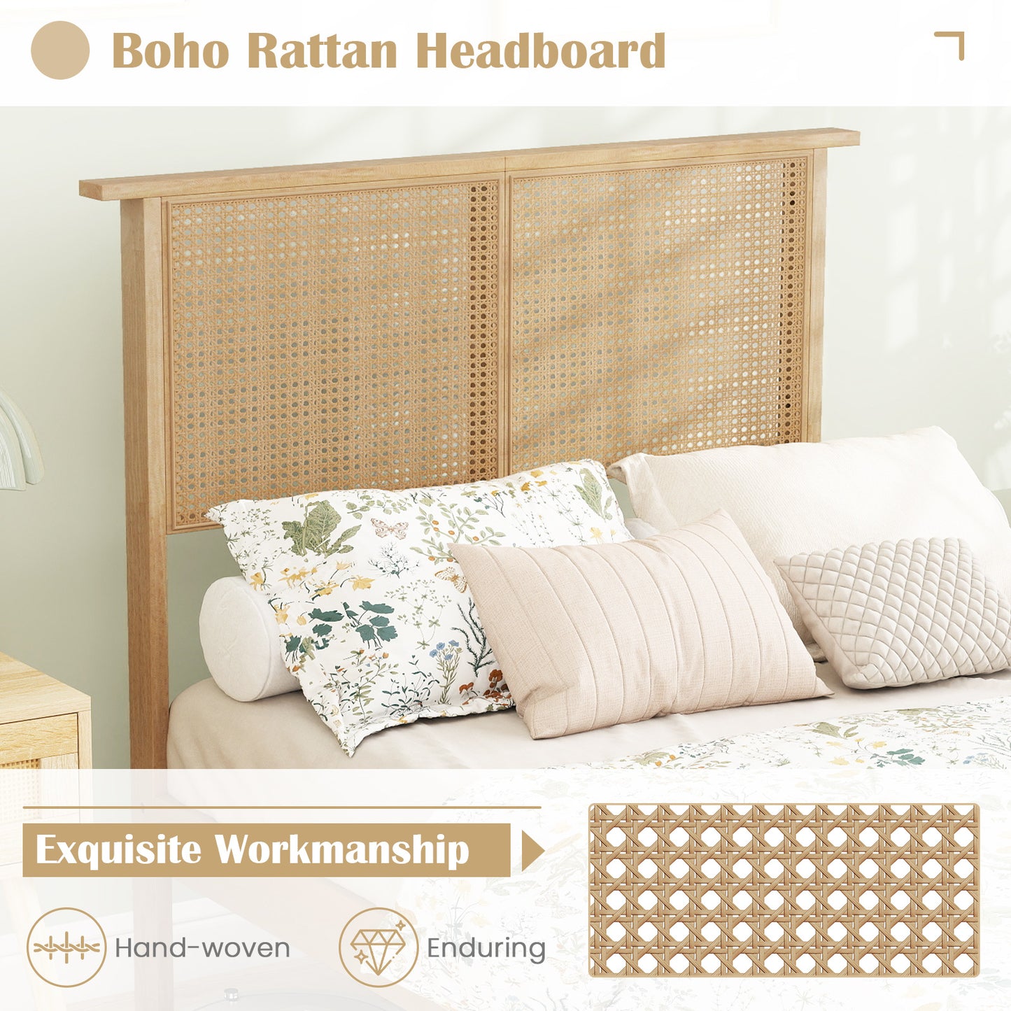 Twin Size Bed Frame With Rattan Headboard, Natural Simple Bed Frame at Gallery Canada