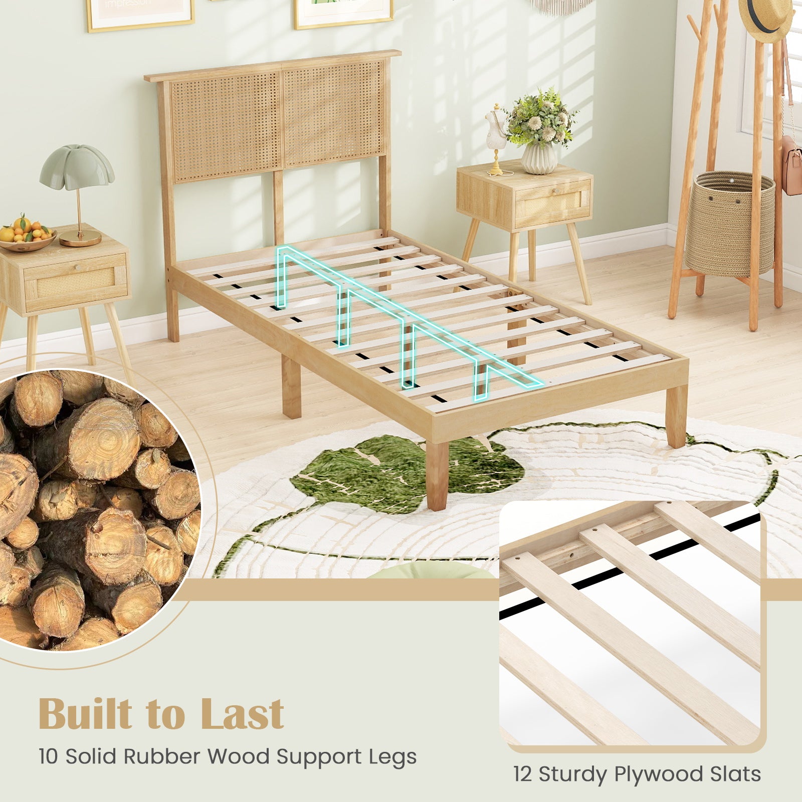 Twin Size Bed Frame With Rattan Headboard, Natural Simple Bed Frame at Gallery Canada
