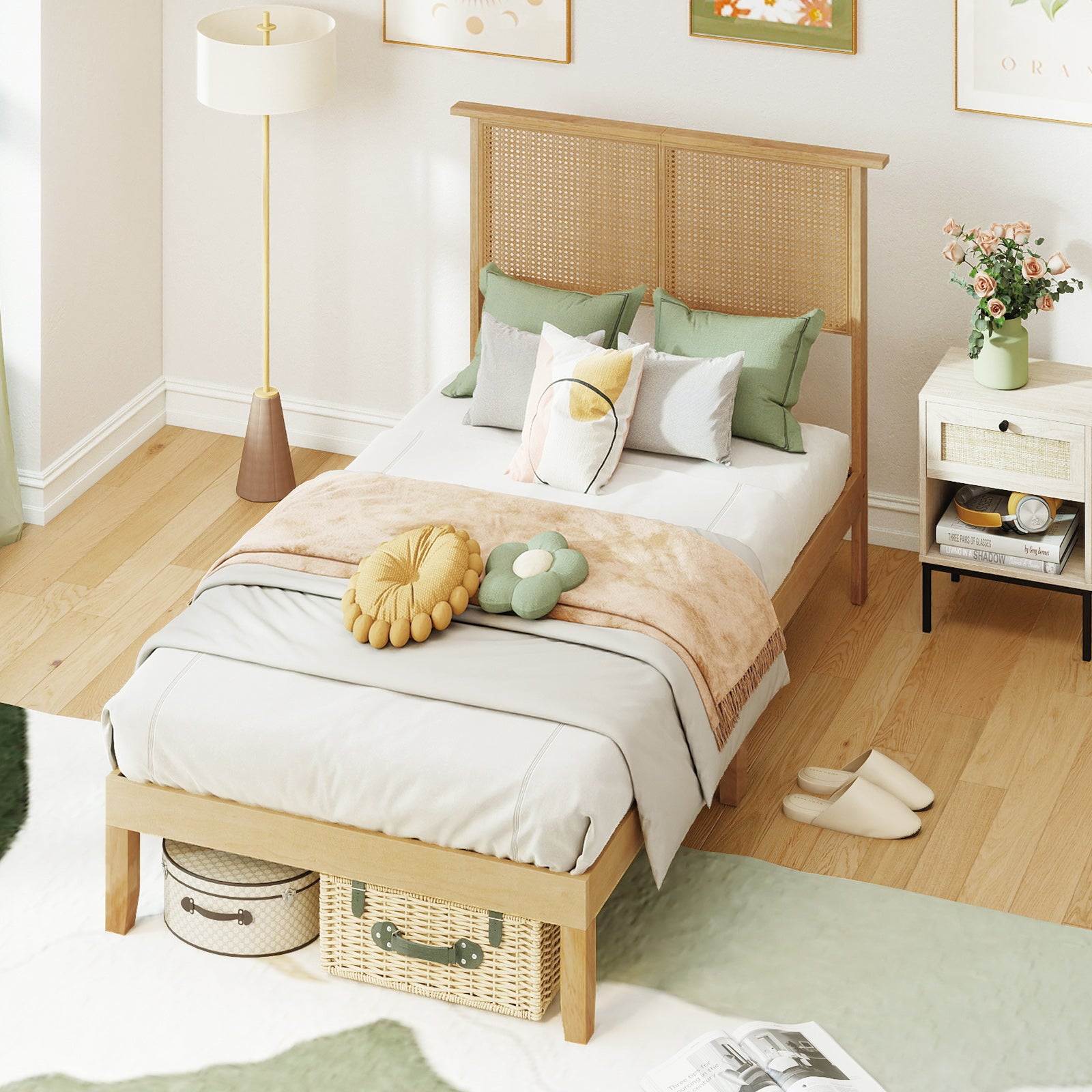 Twin Size Bed Frame With Rattan Headboard, Natural Simple Bed Frame at Gallery Canada