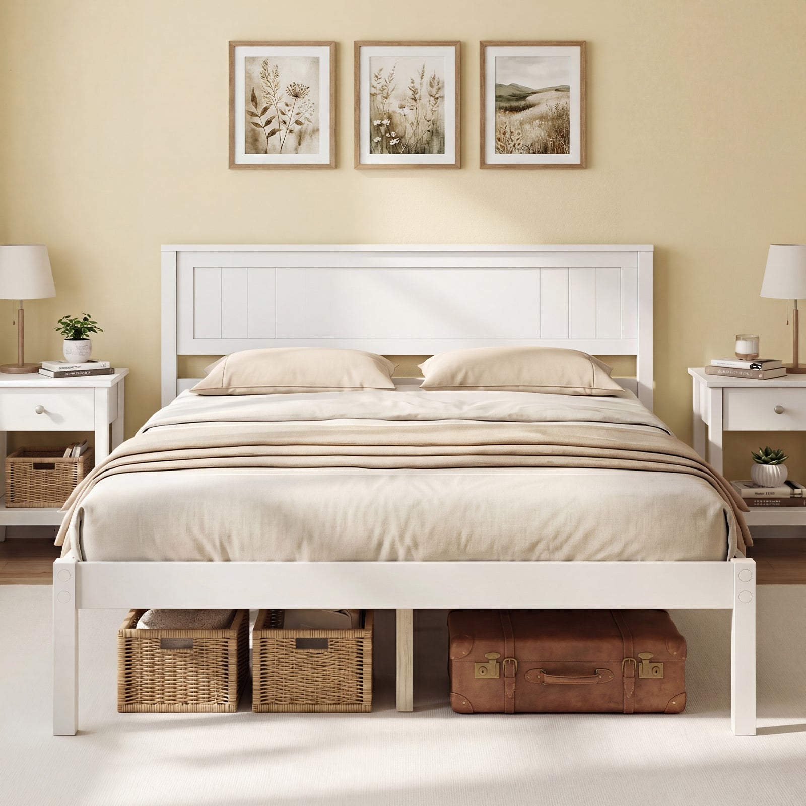 Full Size Sturdy Wooden Bed Frame With Headboard And Slat Support, White Simple Bed Frame at Gallery Canada