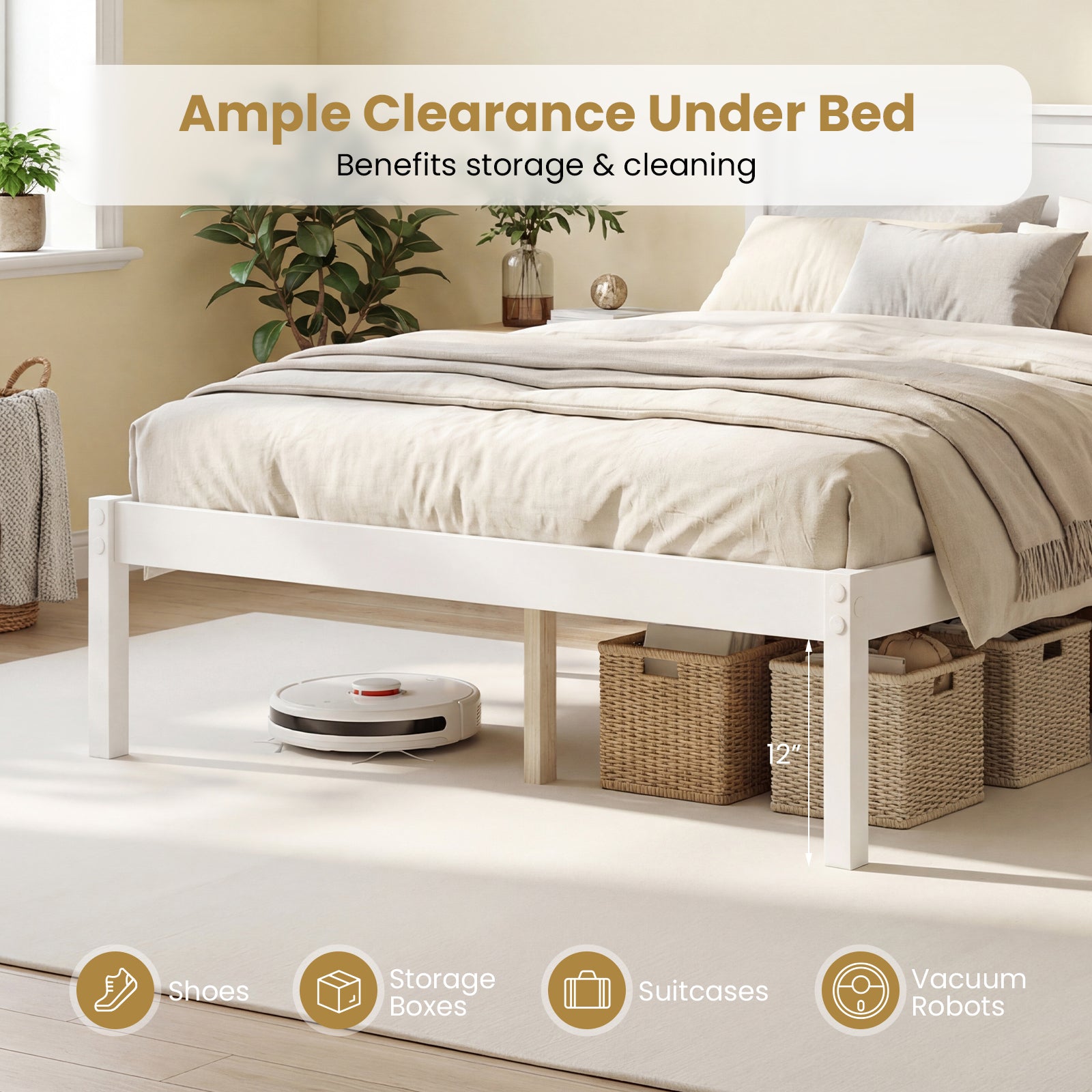 Full Size Sturdy Wooden Bed Frame With Headboard And Slat Support, White Simple Bed Frame at Gallery Canada