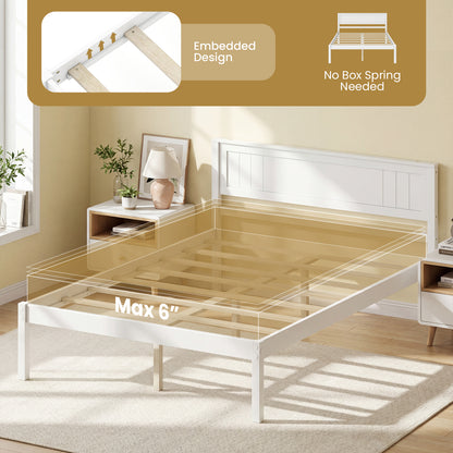 Full Size Sturdy Wooden Bed Frame With Headboard And Slat Support, White Simple Bed Frame at Gallery Canada