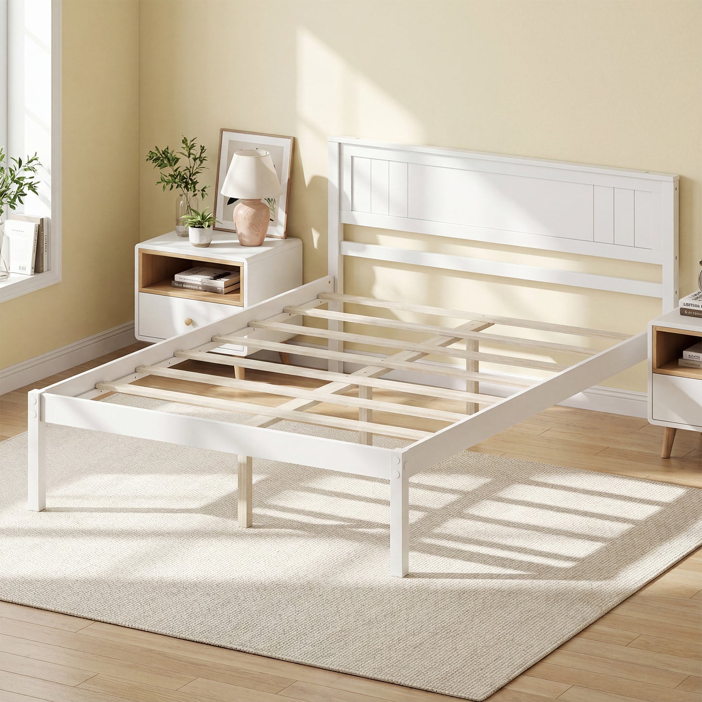 Full Size Sturdy Wooden Bed Frame With Headboard And Slat Support, White Simple Bed Frame at Gallery Canada