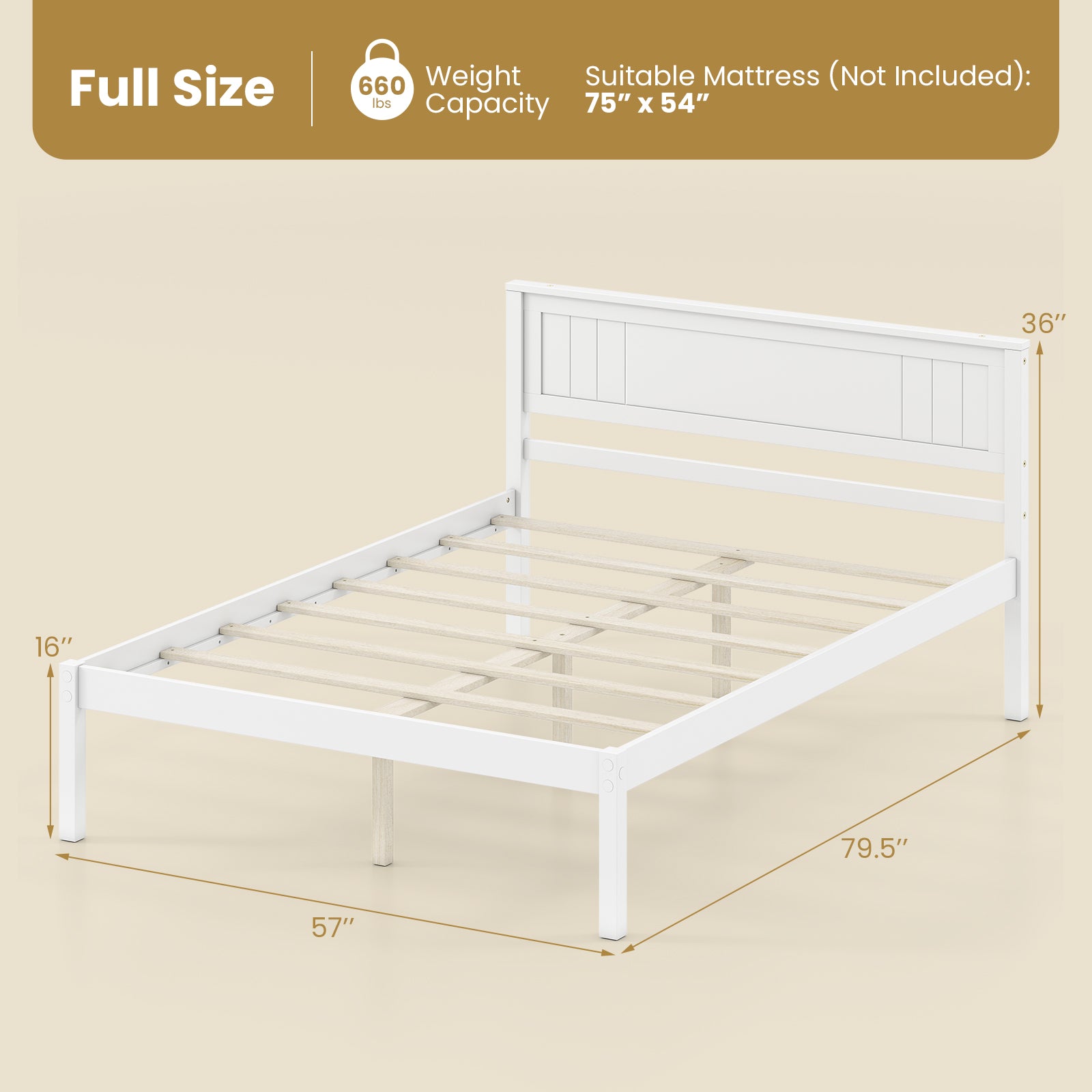 Full Size Sturdy Wooden Bed Frame With Headboard And Slat Support, White Simple Bed Frame at Gallery Canada