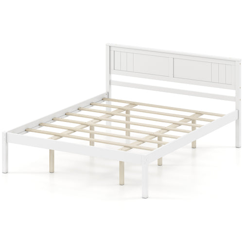 Twin/Full/Queen Size Sturdy Wooden Bed Frame with Headboard and Slat Support-Queen Size, White