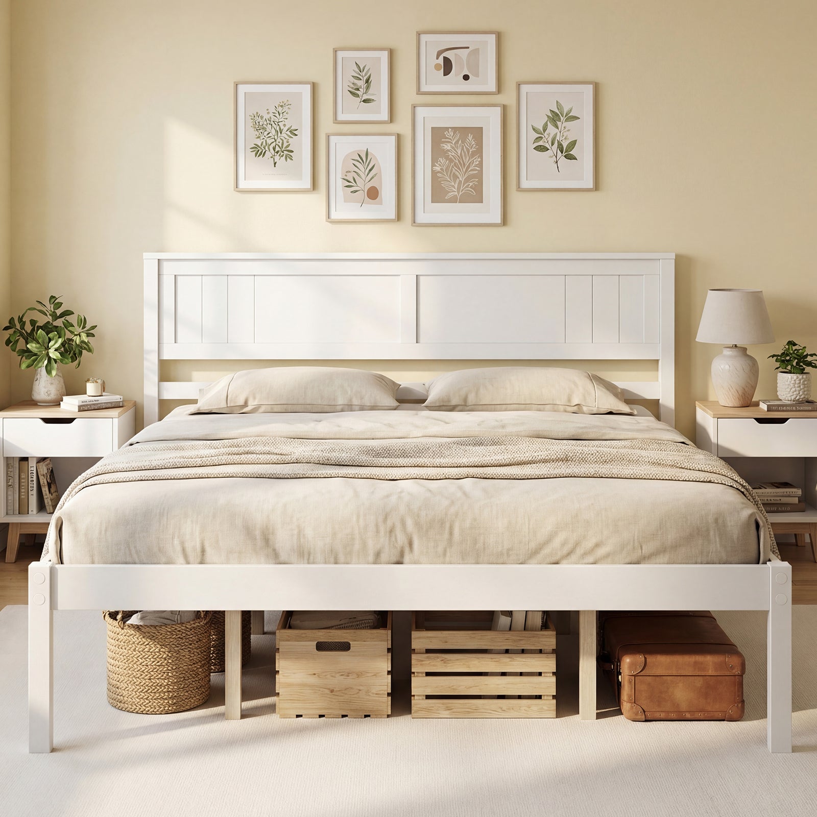 Twin/Full/Queen Size Sturdy Wooden Bed Frame with Headboard and Slat Support-Queen Size, White Simple Bed Frame at Gallery Canada