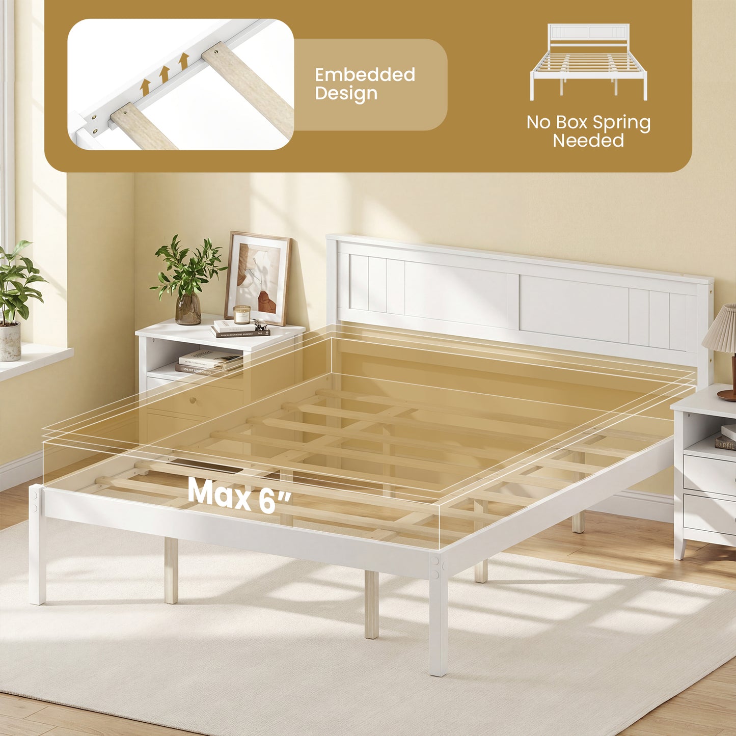 Twin/Full/Queen Size Sturdy Wooden Bed Frame with Headboard and Slat Support-Queen Size, White Simple Bed Frame at Gallery Canada