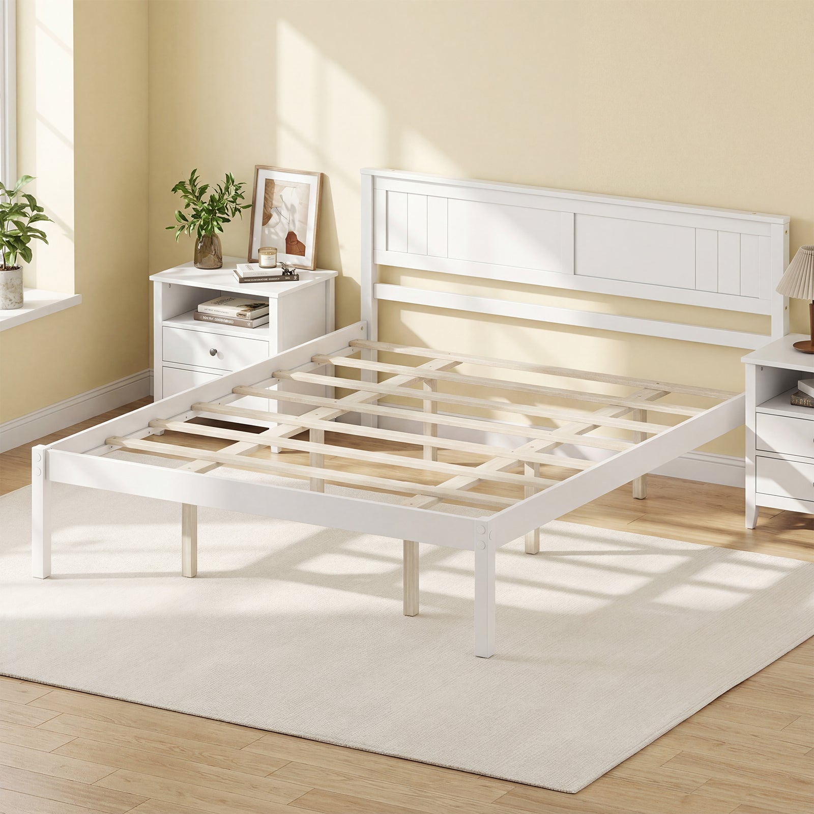 Twin/Full/Queen Size Sturdy Wooden Bed Frame with Headboard and Slat Support-Queen Size, White Simple Bed Frame at Gallery Canada
