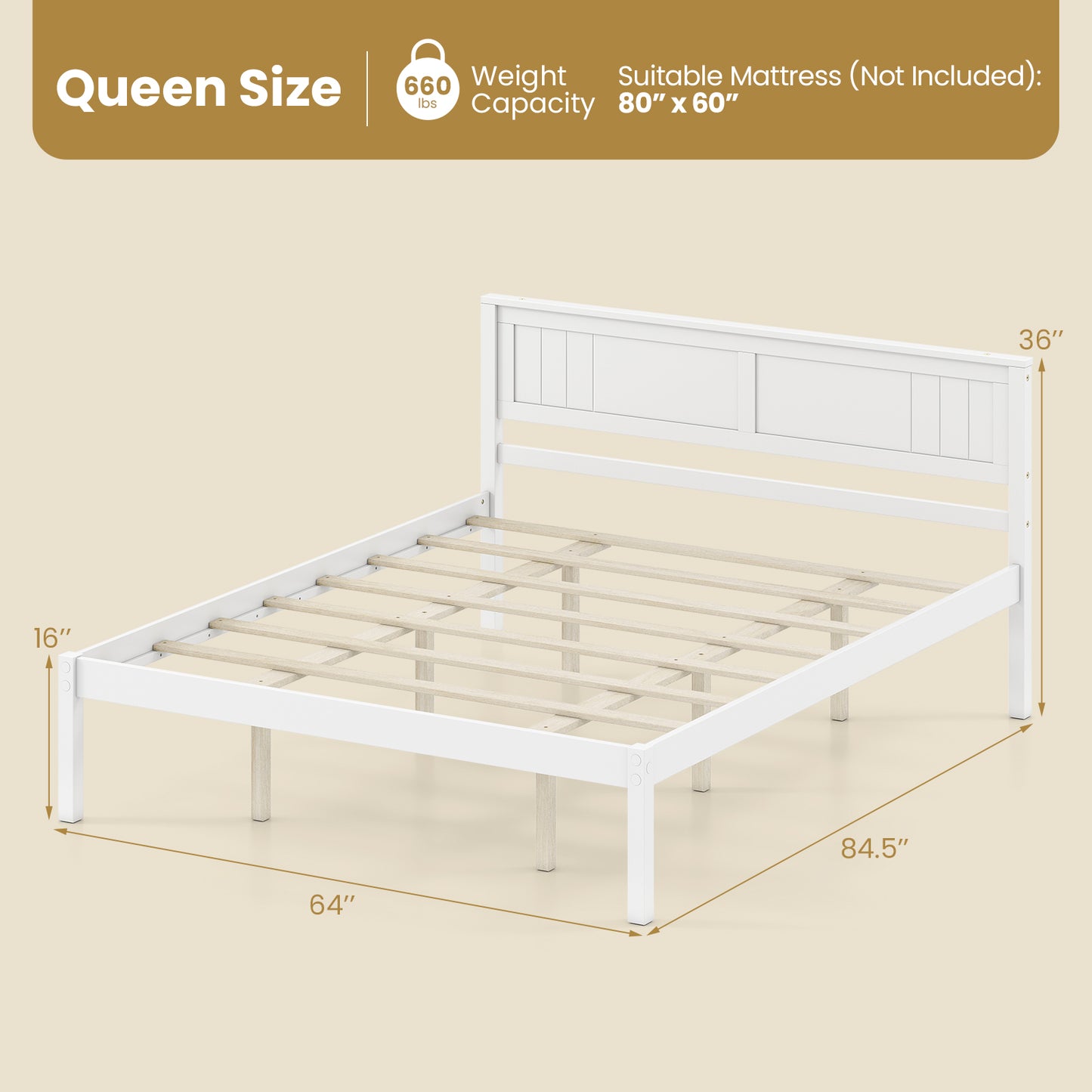 Twin/Full/Queen Size Sturdy Wooden Bed Frame with Headboard and Slat Support-Queen Size, White Simple Bed Frame at Gallery Canada