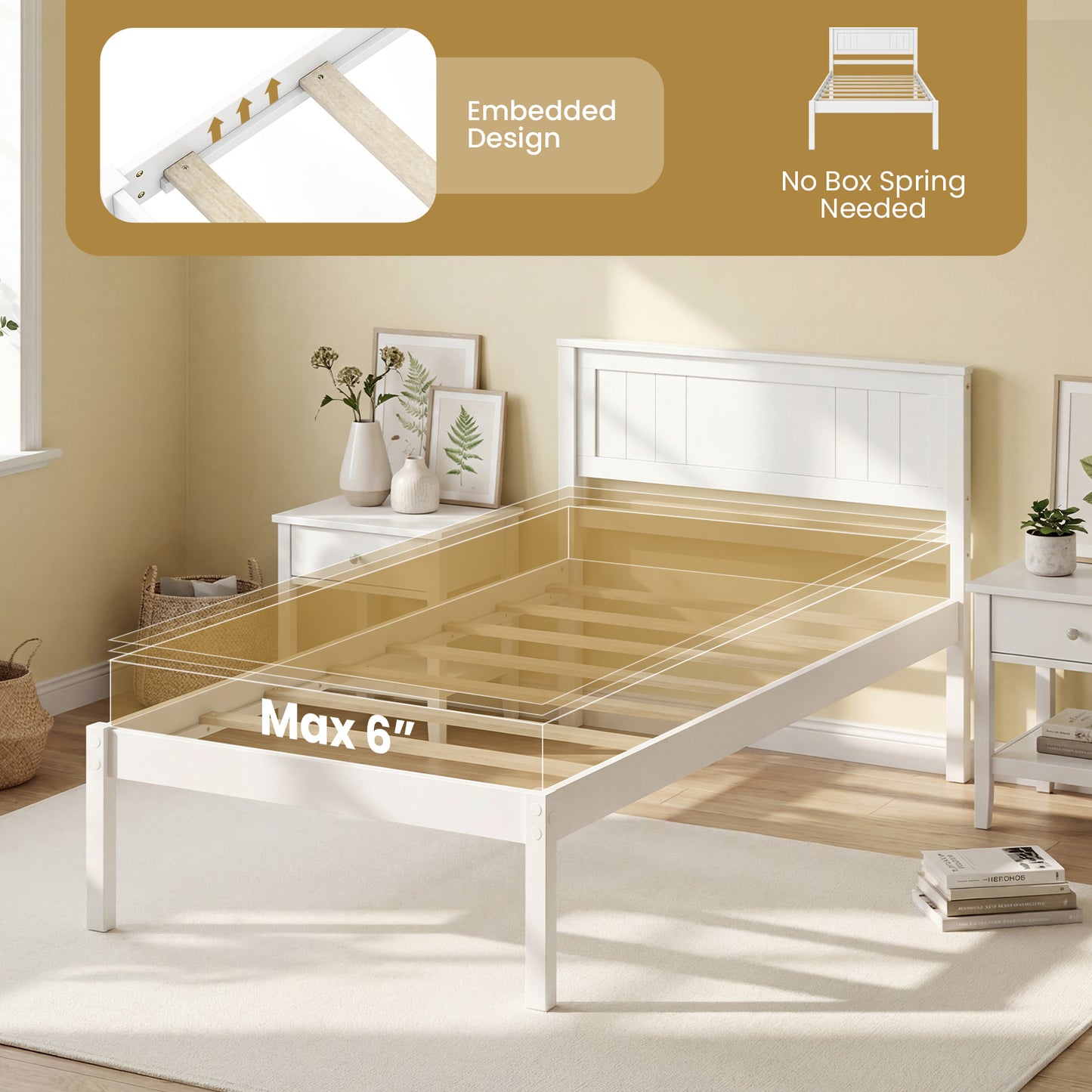 Twin/Full/Queen Size Sturdy Wooden Bed Frame with Headboard and Slat Support-Twin Size, White Simple Bed Frame at Gallery Canada