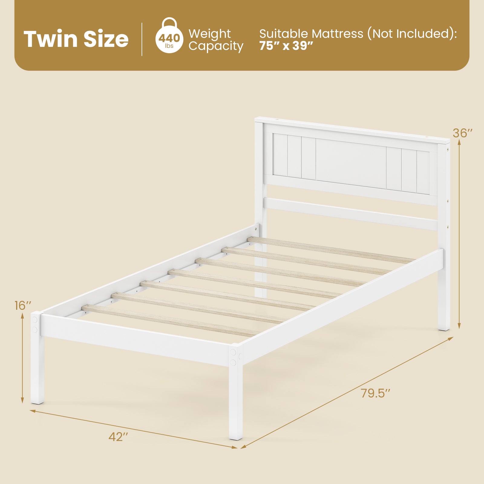 Twin/Full/Queen Size Sturdy Wooden Bed Frame with Headboard and Slat Support-Twin Size, White Simple Bed Frame at Gallery Canada