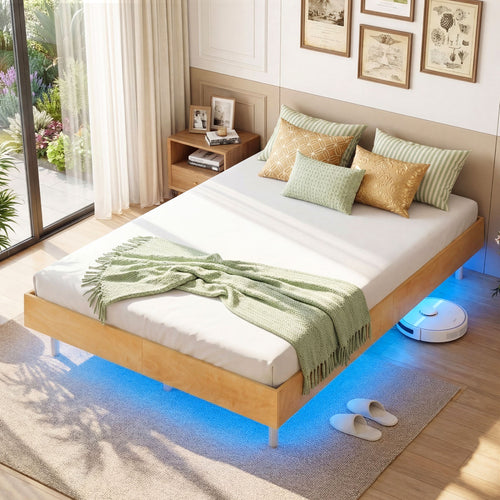 Floating Bed Frame With LED Lights, Full Size, Natural