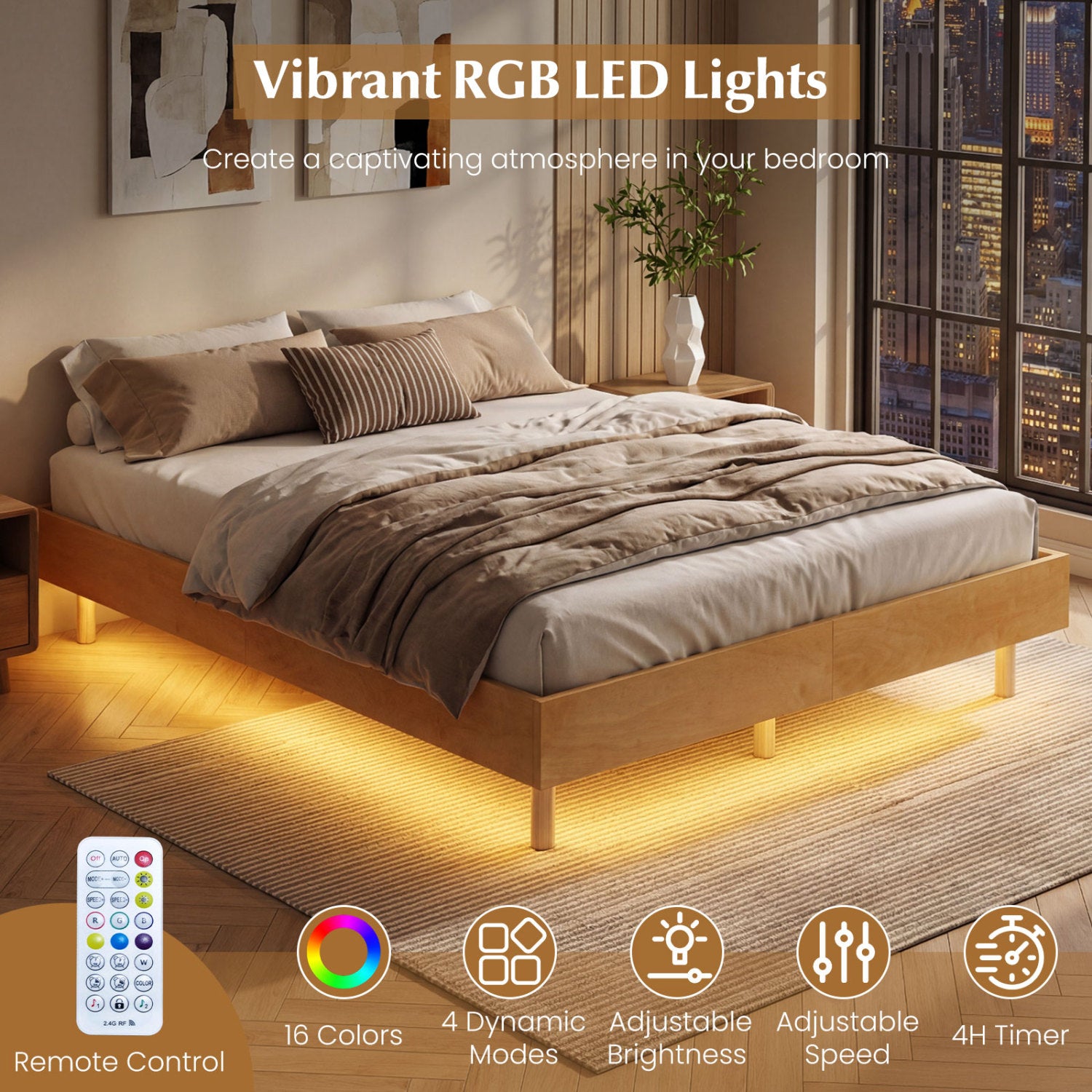 Floating Bed Frame With LED Lights, Full Size, Natural Beds & Bed Frames at Gallery Canada