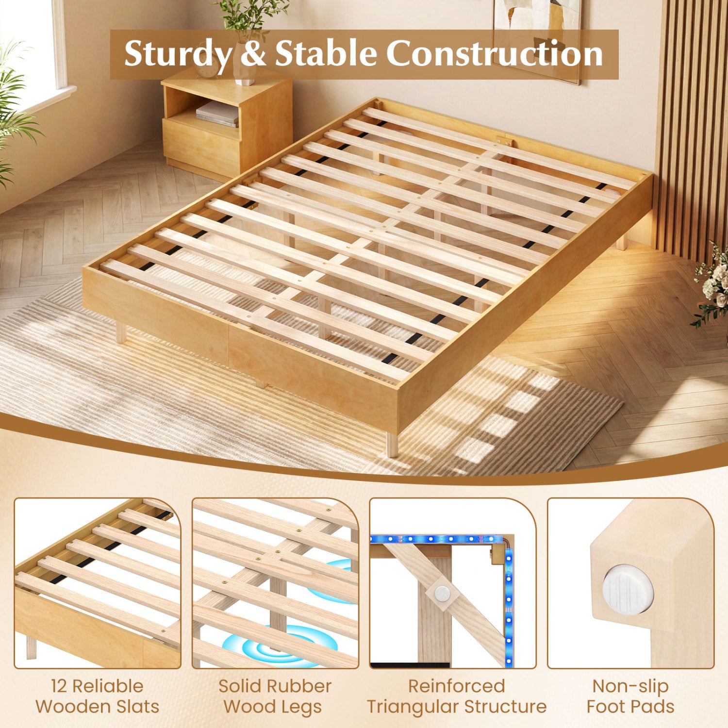 Floating Bed Frame With LED Lights, Full Size, Natural Beds & Bed Frames at Gallery Canada