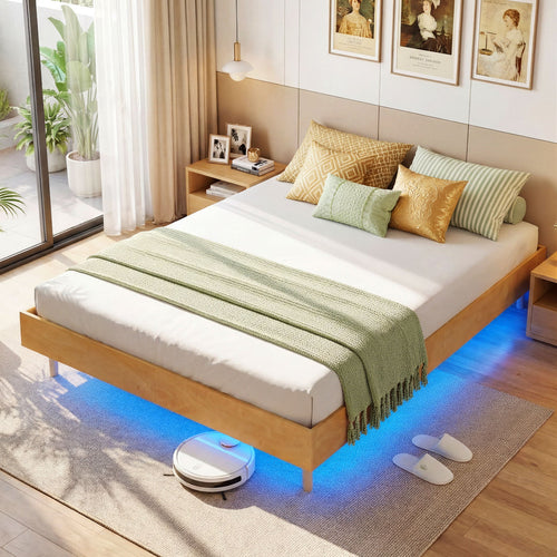 Queen Size Floating Bed Frame With LED Lights, Natural