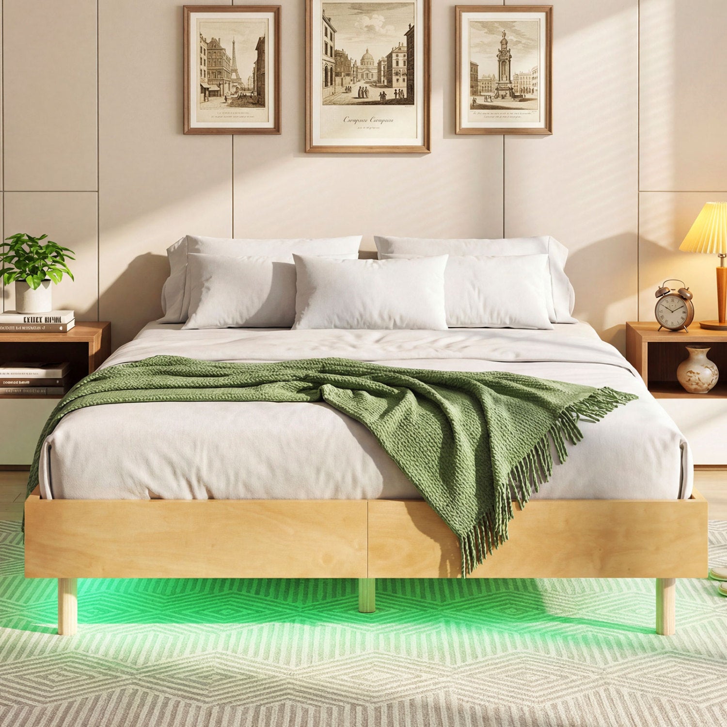 Queen Size Floating Bed Frame With LED Lights, Natural Beds & Bed Frames at Gallery Canada