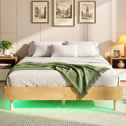 Queen Size Floating Bed Frame With LED Lights, Natural Beds & Bed Frames at Gallery Canada