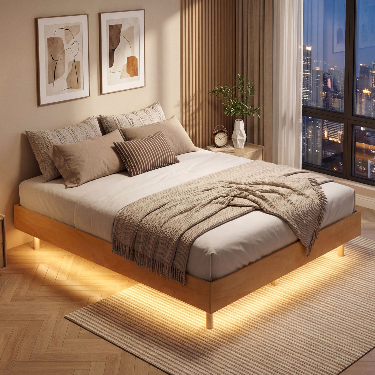 Queen Size Floating Bed Frame With LED Lights, Natural Beds & Bed Frames at Gallery Canada