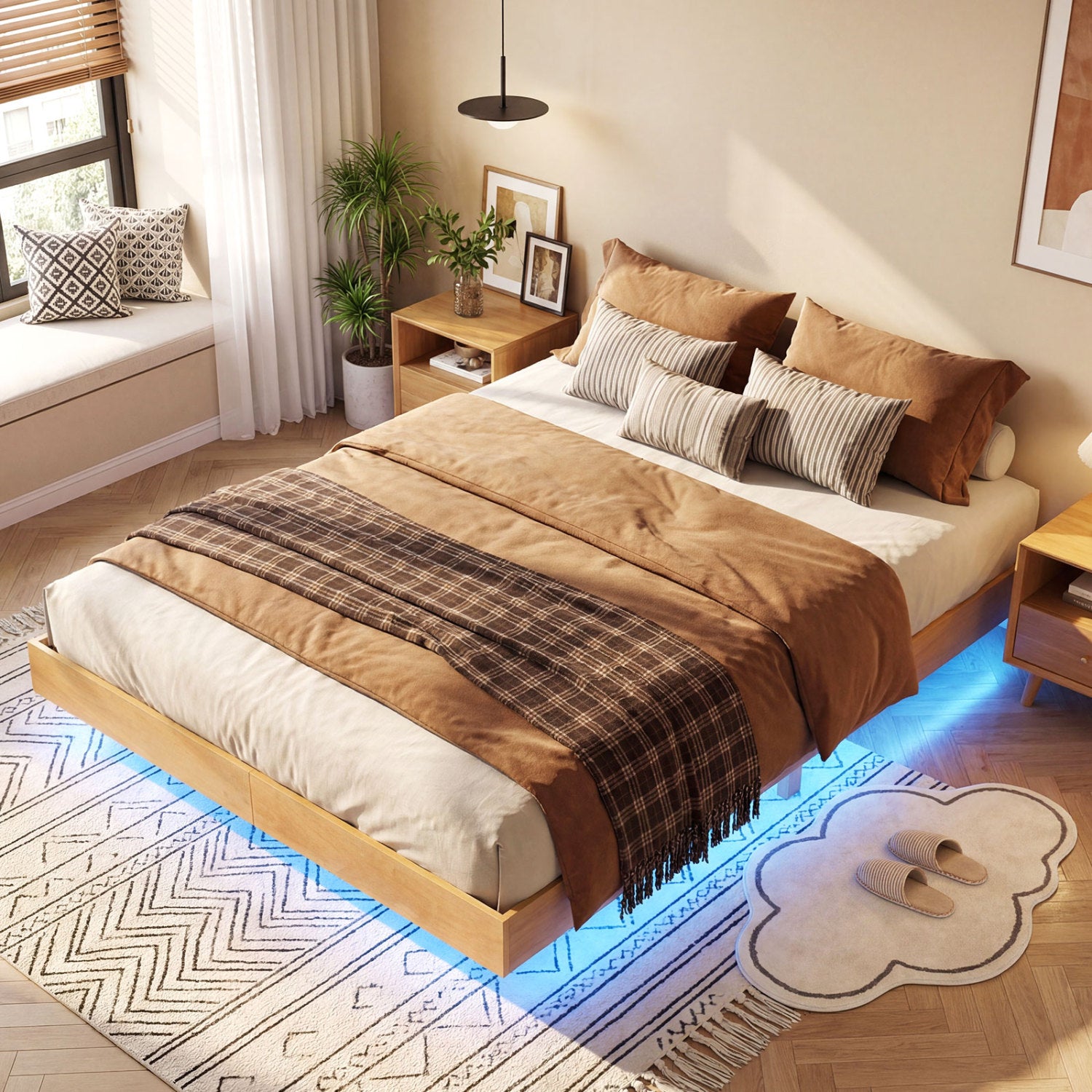 Queen Size Floating Bed Frame With LED Lights, Natural Beds & Bed Frames at Gallery Canada