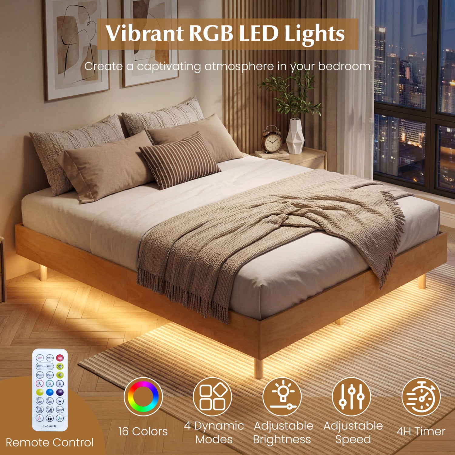 Queen Size Floating Bed Frame With LED Lights, Natural Beds & Bed Frames at Gallery Canada