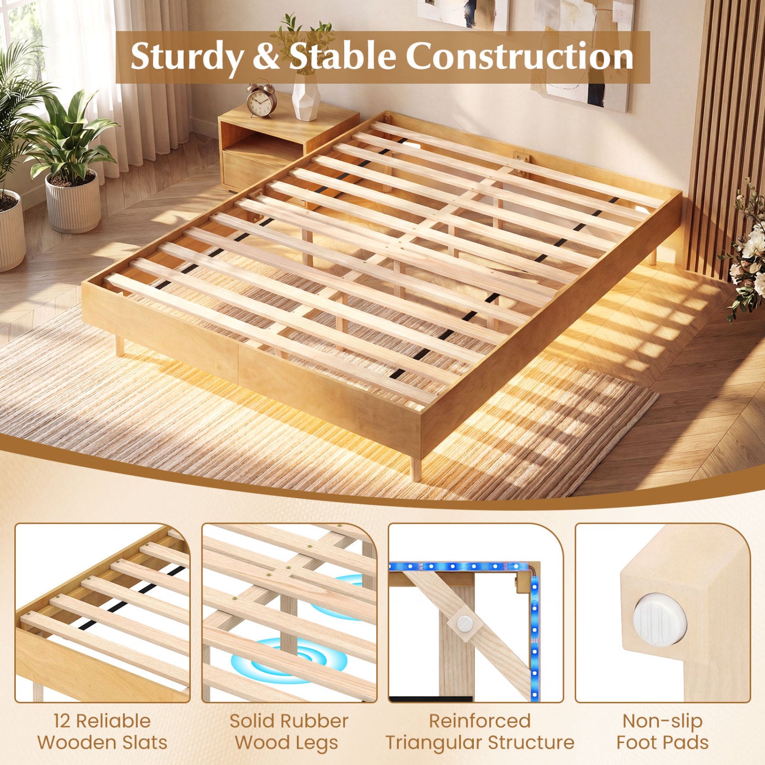Queen Size Floating Bed Frame With LED Lights, Natural Beds & Bed Frames at Gallery Canada