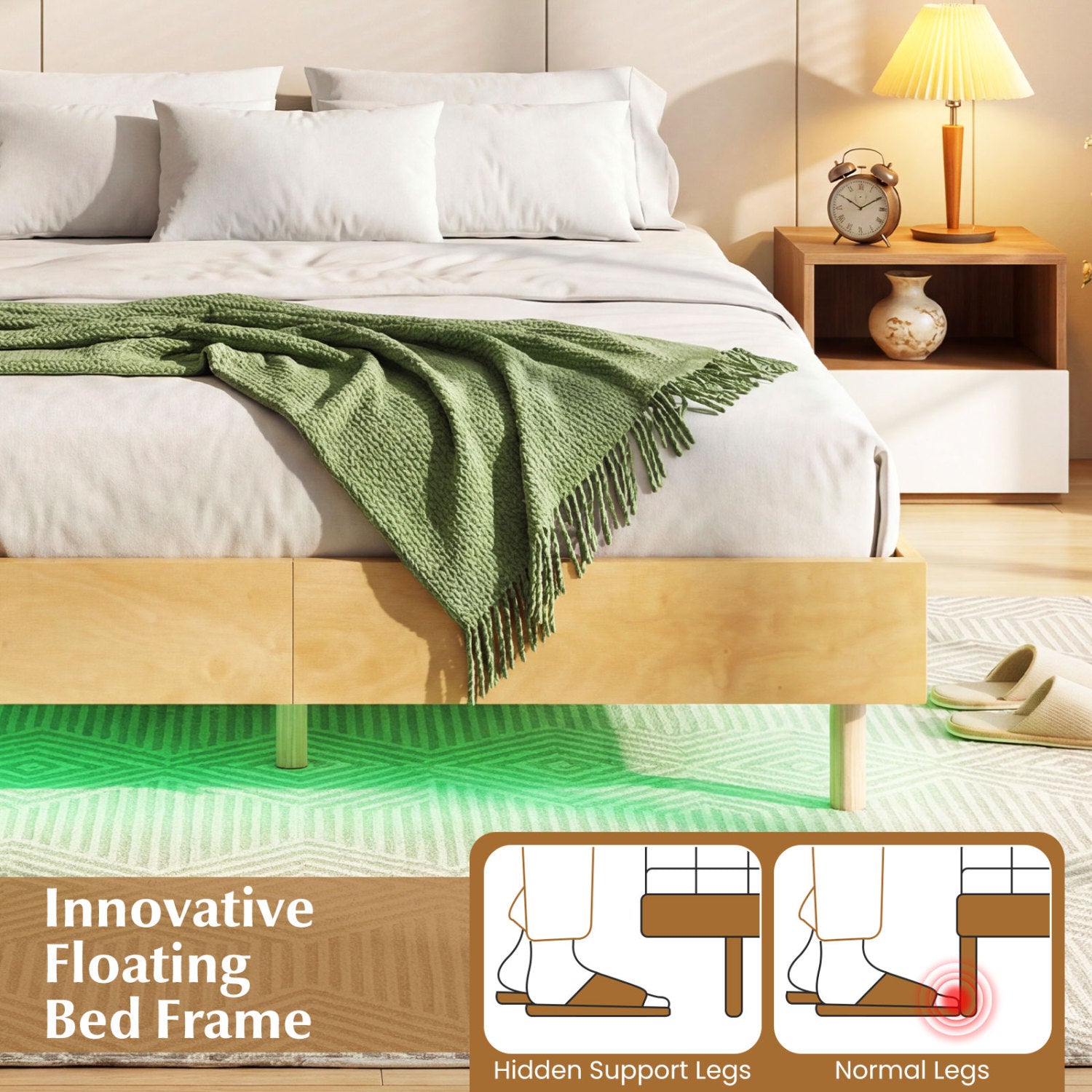Queen Size Floating Bed Frame With LED Lights, Natural Beds & Bed Frames at Gallery Canada