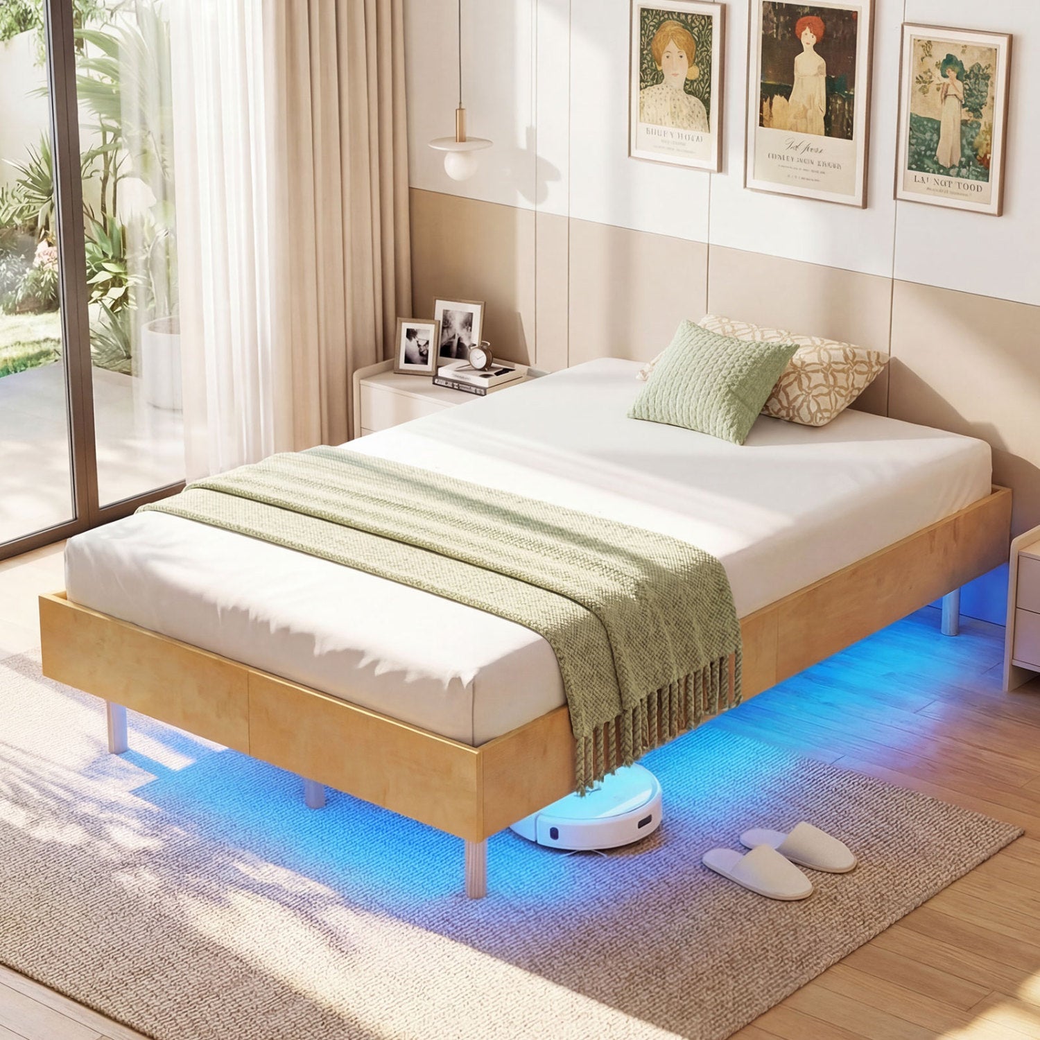 Twin Size Floating Bed Frame With LED Lights, Natural Beds & Bed Frames at Gallery Canada