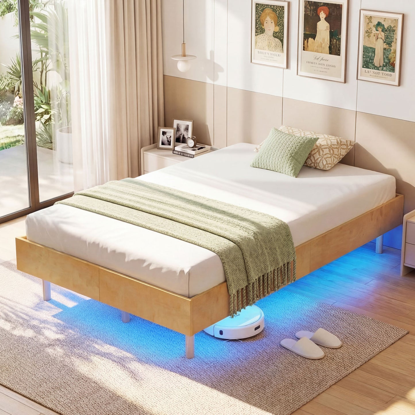 Twin Size Floating Bed Frame With LED Lights, Natural Beds & Bed Frames at Gallery Canada