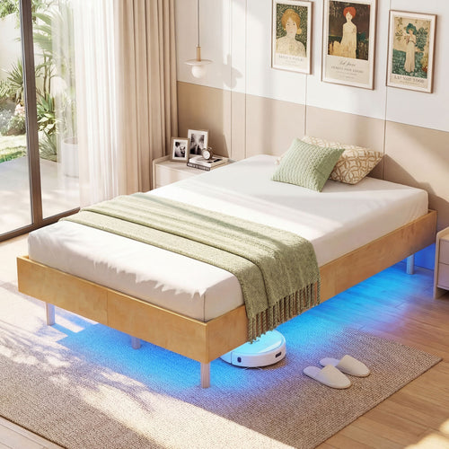 Twin Size Floating Bed Frame With LED Lights, Natural