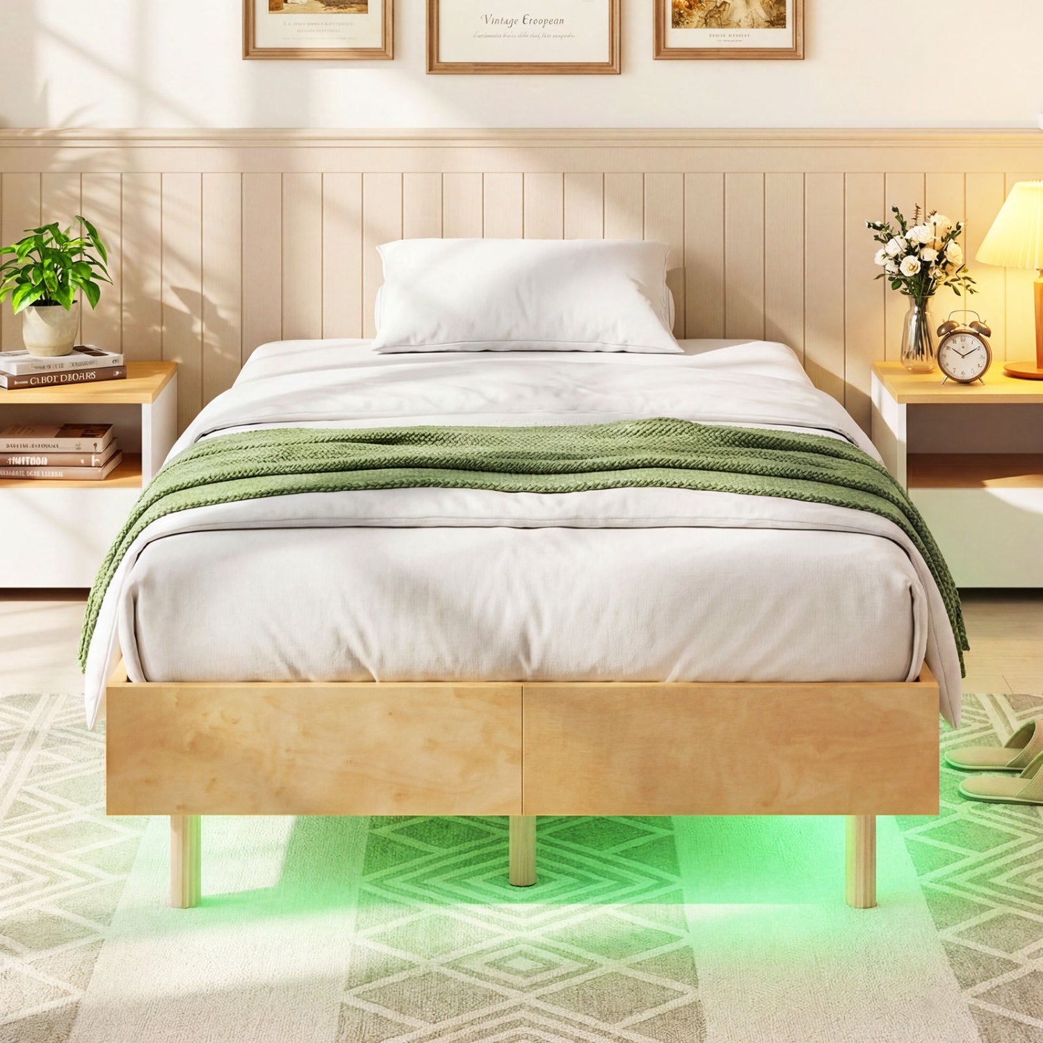 Twin Size Floating Bed Frame With LED Lights, Natural Beds & Bed Frames at Gallery Canada