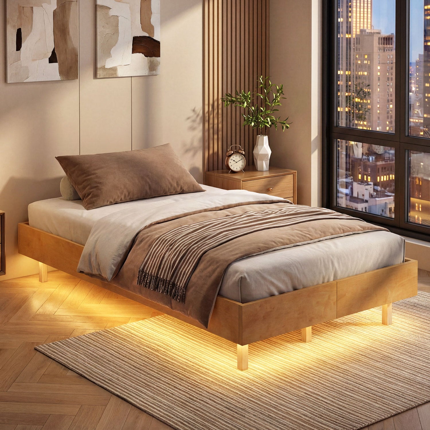 Twin Size Floating Bed Frame With LED Lights, Natural Beds & Bed Frames at Gallery Canada