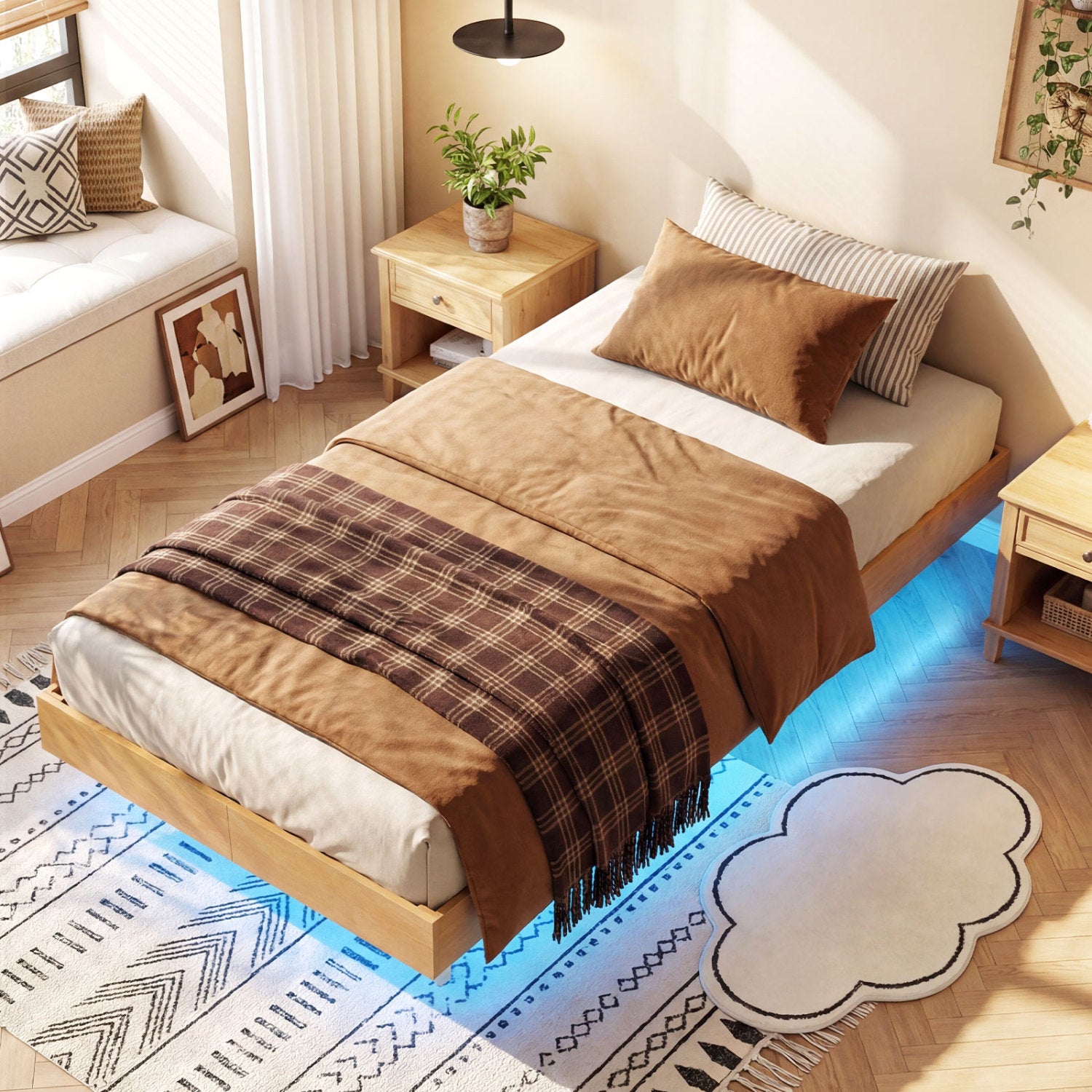 Twin Size Floating Bed Frame With LED Lights, Natural Beds & Bed Frames at Gallery Canada