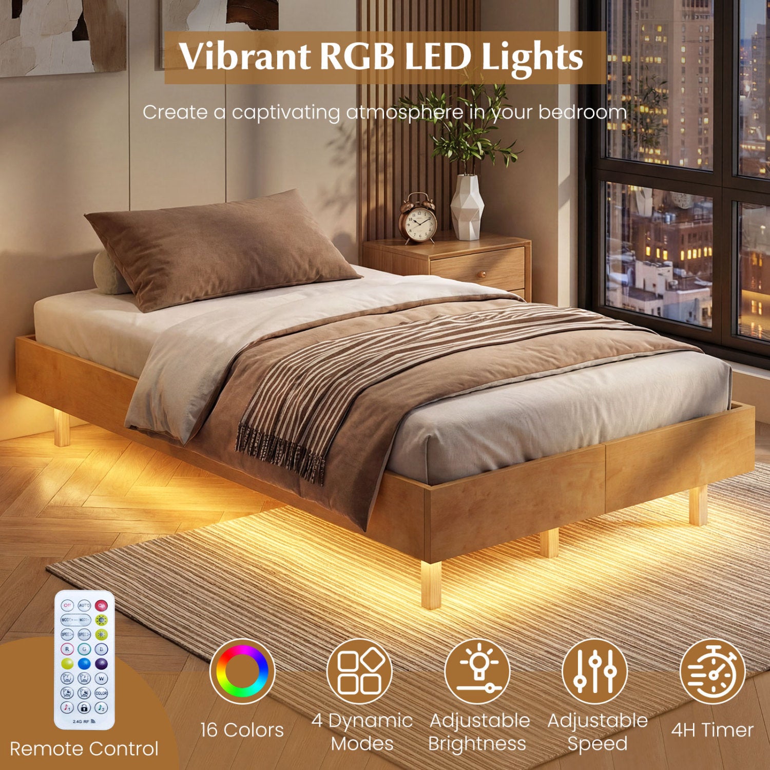 Twin Size Floating Bed Frame With LED Lights, Natural Beds & Bed Frames at Gallery Canada