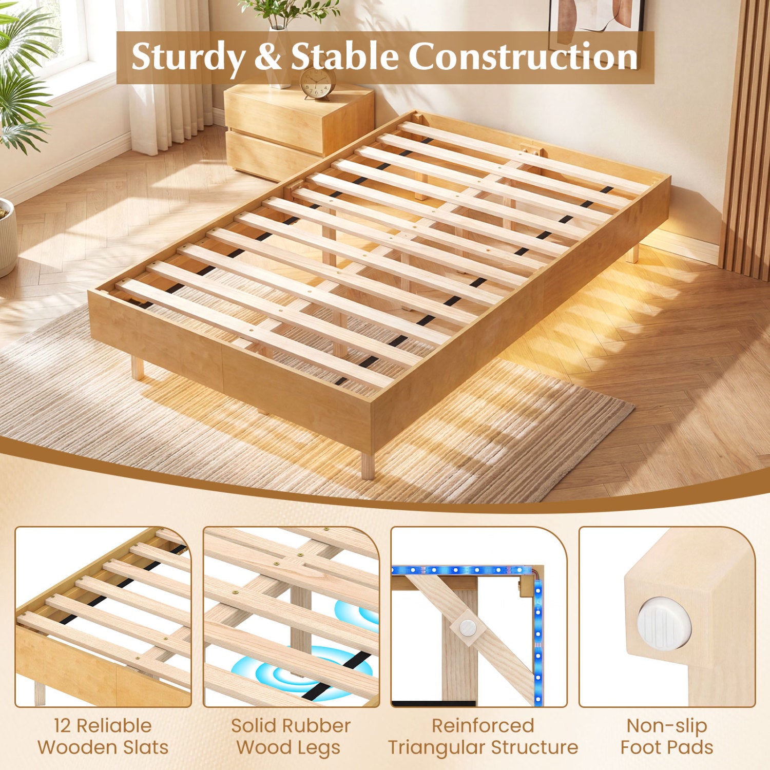 Twin Size Floating Bed Frame With LED Lights, Natural Beds & Bed Frames at Gallery Canada