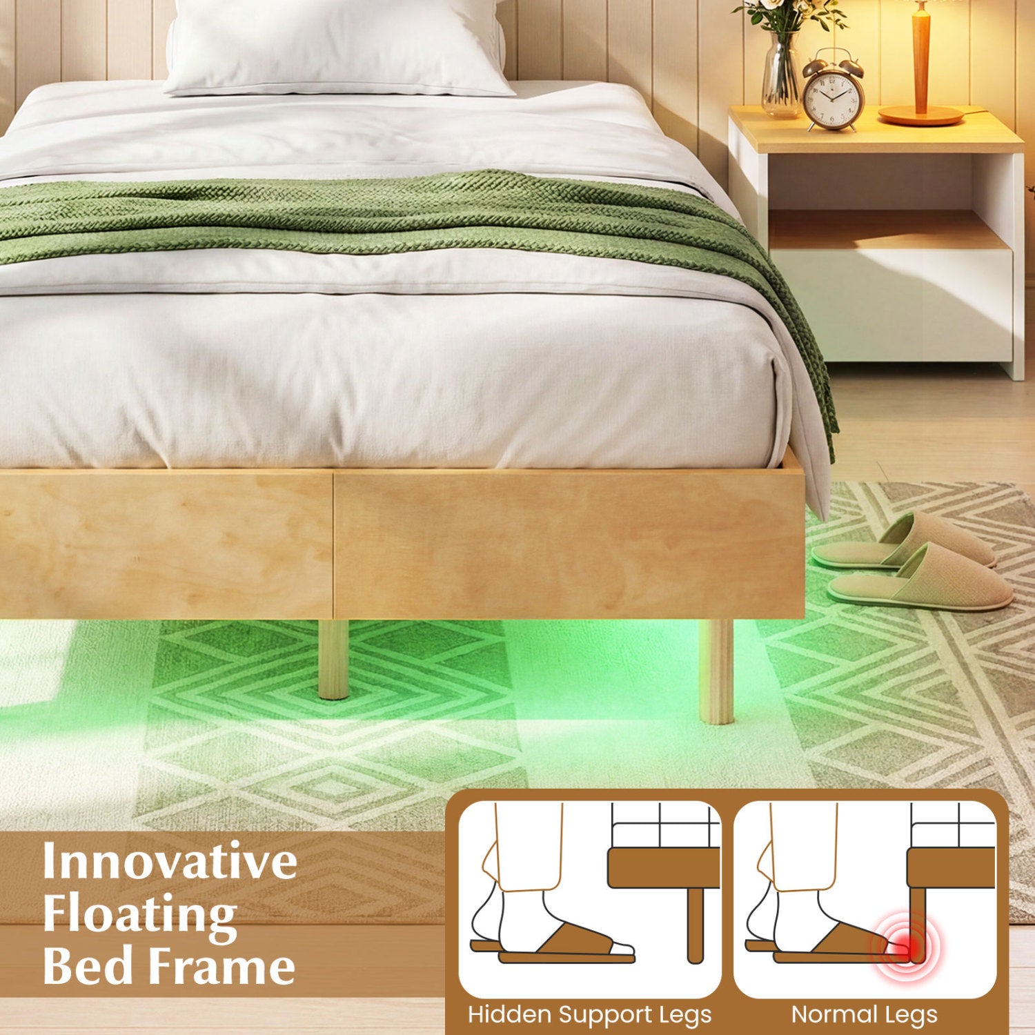 Twin Size Floating Bed Frame With LED Lights, Natural Beds & Bed Frames at Gallery Canada