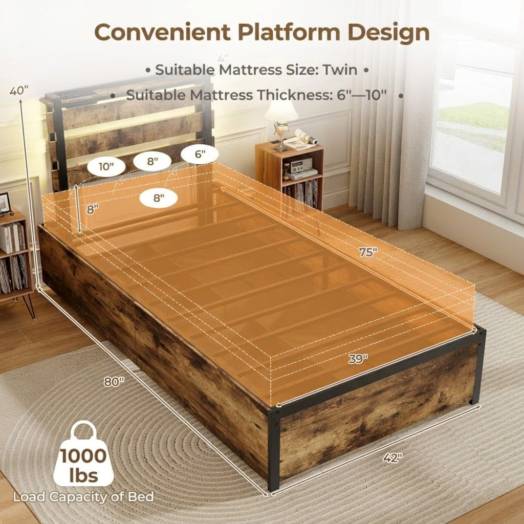 Twin LED Bed Frame with App Control, Rustic Brown Beds & Bed Frames at Gallery Canada