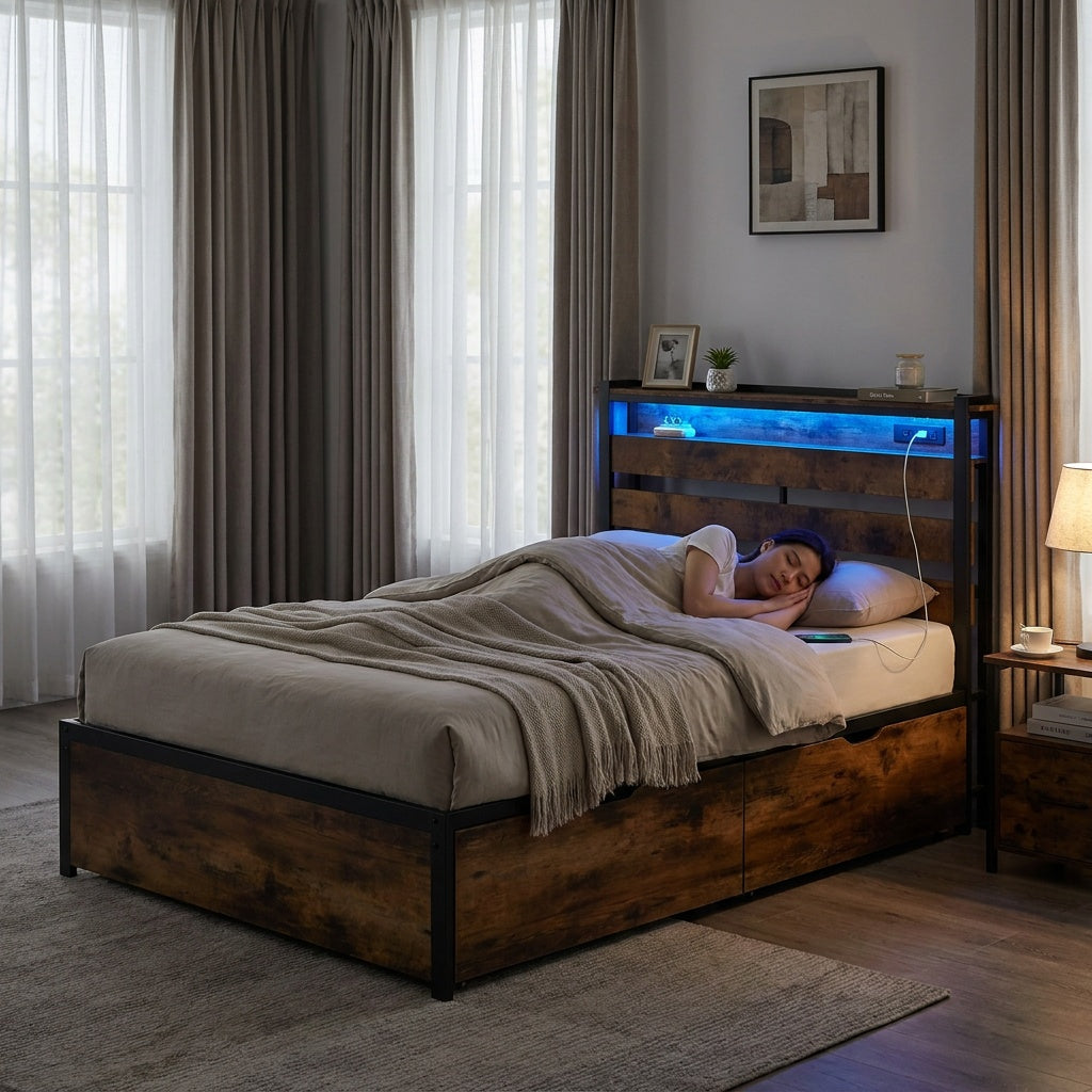 Twin LED Bed Frame with App Control, Rustic Brown Beds & Bed Frames at Gallery Canada