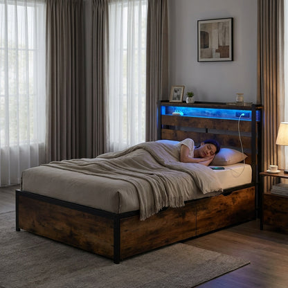 Twin LED Bed Frame with App Control, Rustic Brown Beds & Bed Frames at Gallery Canada