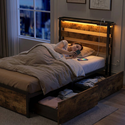 Twin LED Bed Frame with App Control, Rustic Brown Beds & Bed Frames at Gallery Canada